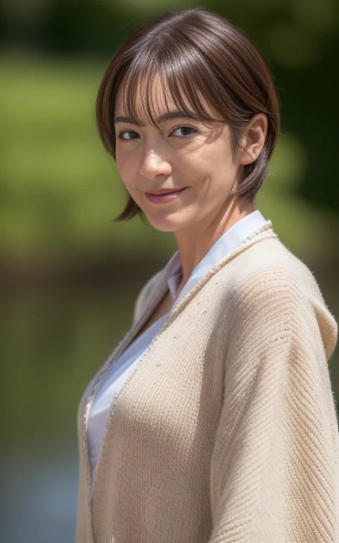 (top-quality、hight resolution、​masterpiece:1.3)、55 years old、A MILF、(Wrinkles at the corners of the eyes:1.6), Seductive smile, (nasolabial folds:1.4), a matural female,Beautiful woman with slender figure、Short-cut hairstyles 、Women in Japan 、Pendants、Light jacket、White mini skirt、plein air、Scenic beauty、Autumn lake and mountains on distant background々、Beautiful details of face and skin texture、Eye of Detail、(top-quality、hight resolution、​masterpiece)、Beautiful woman with a slim figure、 Pendants