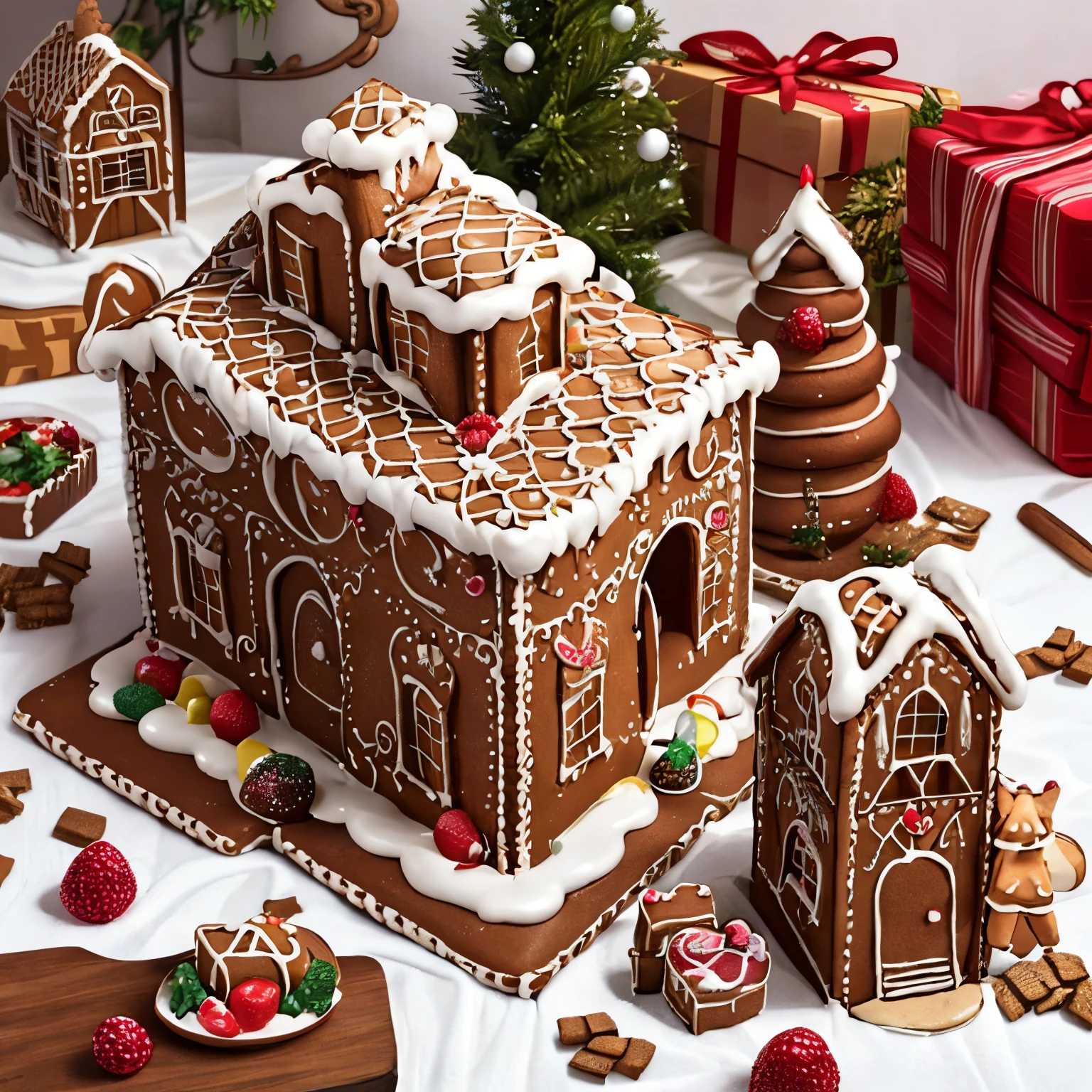 ((tmasterpiece,Best quality at best)), absurd res, gingerbread_casa, GingerbreadAI houses, food, Food focus,  Cookie, Candy bars, 
christmas, Edob fairy tale landscape, 
Chocolate River, inner strength, the fruits, , yuki, Cupcakes, chocolate bar, morango, windmills,