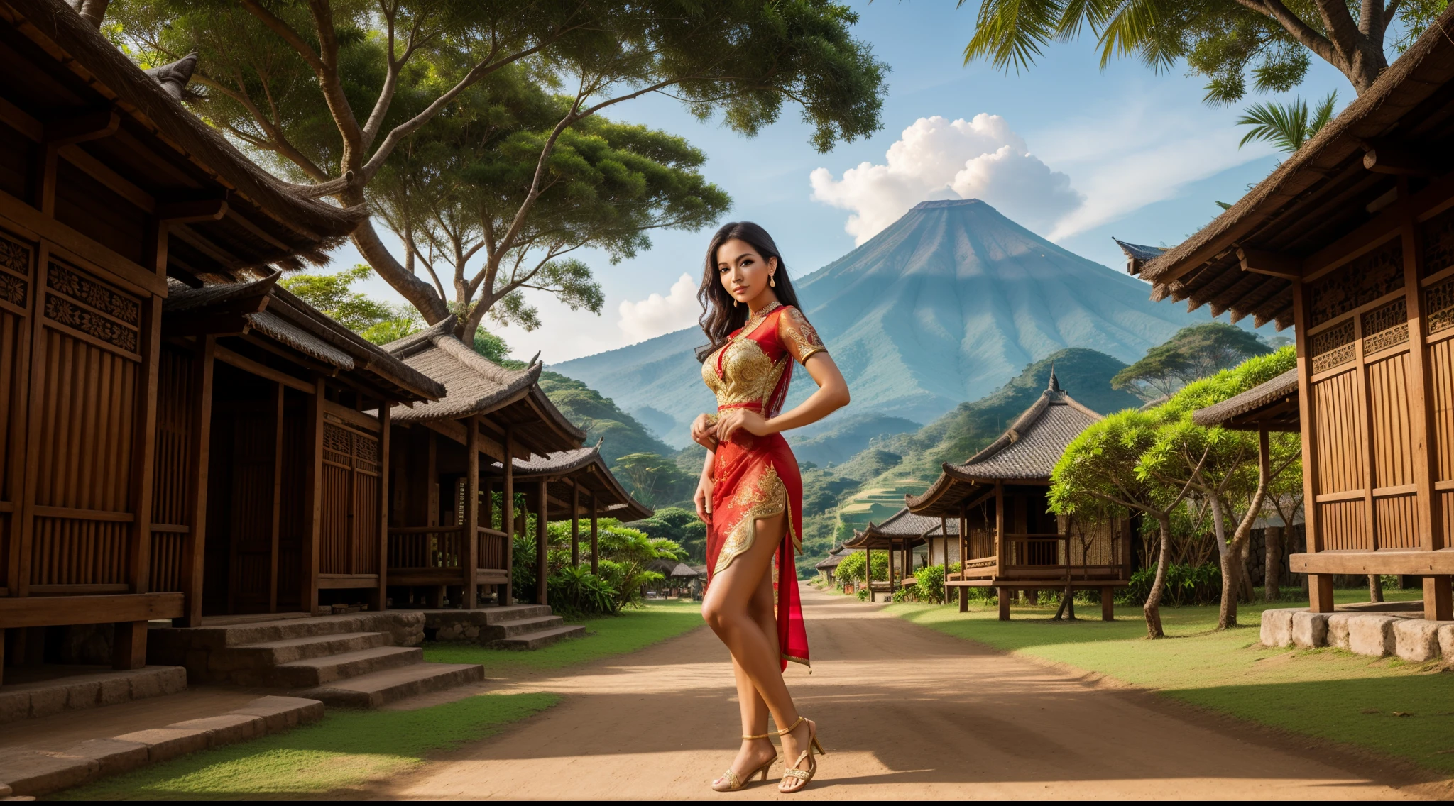 ((a girl (stand:1.2) (alone:1.4) in the village)),((full-body:1.6, cinematic-shot)),(best quality,4k,8k,highres,masterpiece:1.2),ultra-detailed,(realistic,photorealistic,photo-realistic:1.37),(beautiful and aesthetic:1.2),vibrant color,(film grain:1.3).

[(1girl),(solo),((1 person)),(ars-old)aiana-Elizabeth-Dilla],pearl skin,(skin pores:1.1),beautiful detailed eyes,beautiful detailed lips,extremely detailed eyes,longeyelashes,extremely detailed face and skin texture,(skin texture:1.1),black hair,tall and slender body,(192cm tall),thin and delicate figure,graceful posture,flawless skin,defined abs,perfect curves,feminine appearance,beautiful long legs,embodying elegance and beauty,(cleavage breasts,large breasts:1.4),((wearing a (red ultra-short kebaya-dress:1.4))),extremely detailed and realistic (red) clothes,(shiny skin),((sharp focus:1.5)),(earringeathers:1.5)].

[a village, vibrant and lively, surrounded by the rich cultural heritage. The village is filled with colorful houses made of bamboo and wood, adorned with intricate carvings and decorations. The landscape is lush and scenic, with rice terraces stretching across the horizon, and towering palm trees swaying in the gentle breeze. In the background, the majestic silhouette of a volcano adds a dramatic touch to the scene. The colors are vivid and vibrant, reflecting the abundant nature and the cheerful spirit of the village. The lighting is warm and soft, casting a golden glow over the entire scene. The overall style of the artwork is a fusion of traditional and contemporary, showcasing the uniqueness of the Indonesian culture. The color palette is rich and diverse, with warm earth tones punctuated by pops of vibrant hues. The lighting is carefully crafted, illuminating the scene with a soft, diffused glow, creating a sense of warmth and tranquility].

Official art,extremely detailed,Angelic ethereal beauty,award-winning photography,professional photography,depth-of-field,bokeh.