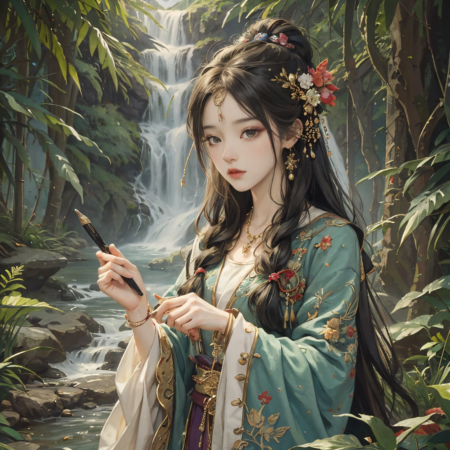 “masterpiece，Best Picture Quality，Ancient clothing and hairstyles，Precise details，Gorgeous accessories，Jade jewelry，Extreme art，8k ultra high definition。"Background with：tree loss，waterfall man，Pavilion,A brilliant pen