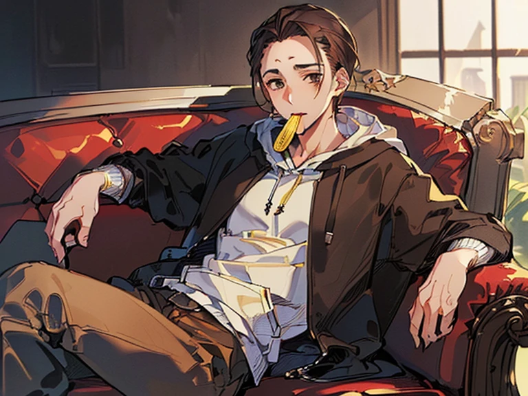 (A boy with dark brown hair in a slender jacket wearing a hoodie and showing his forehead is sitting on a sofa: 1.5) (18-year-old boy, Single: 1.9) (Speak with your mouth open: 1.8) (masutepiece, masutepiece: 1.5),Forehead,Best Quality, 1boy, Solo,