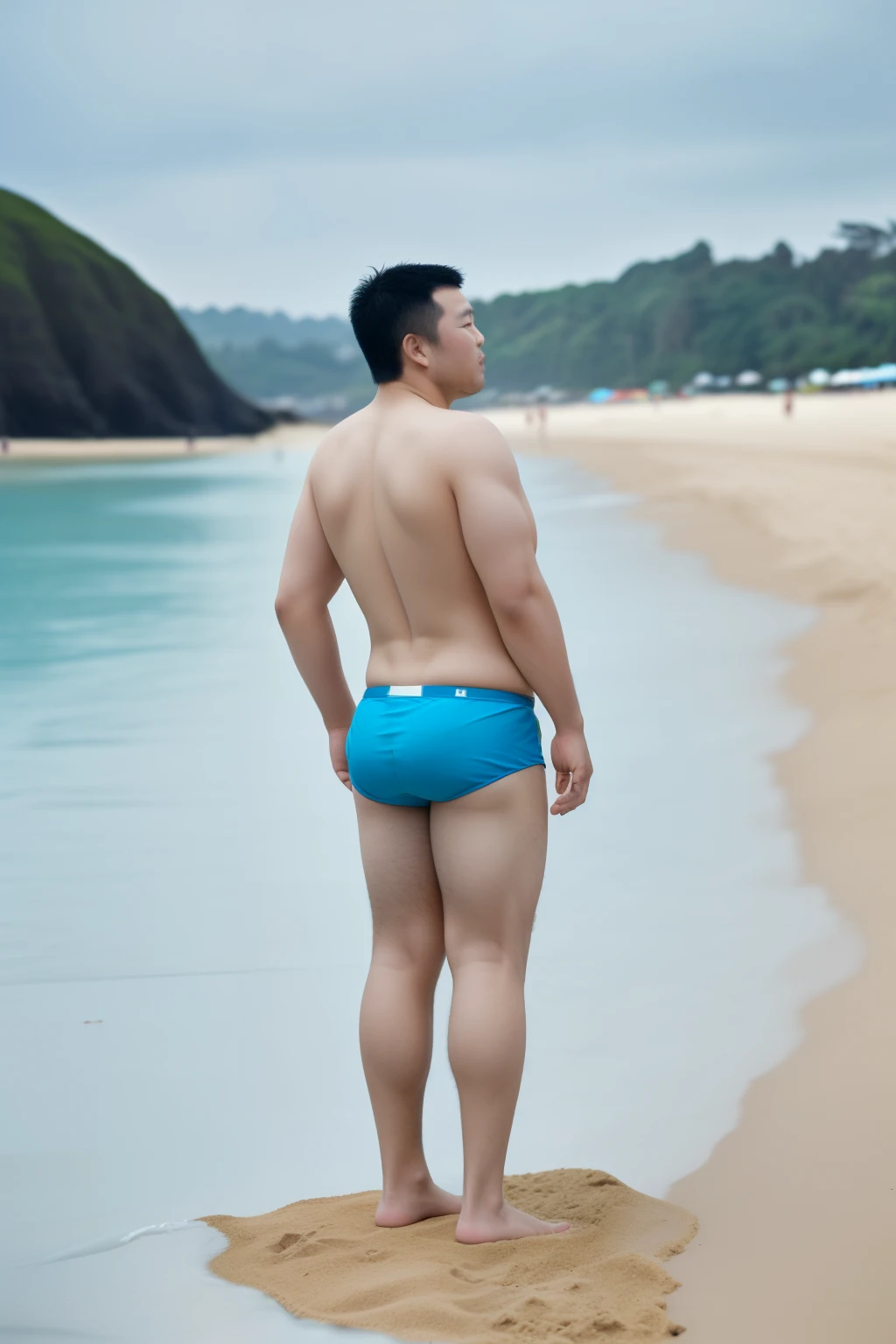 Fat boy，Blue swim briefs，sandbeach，Asian people，standing on your feet，Back