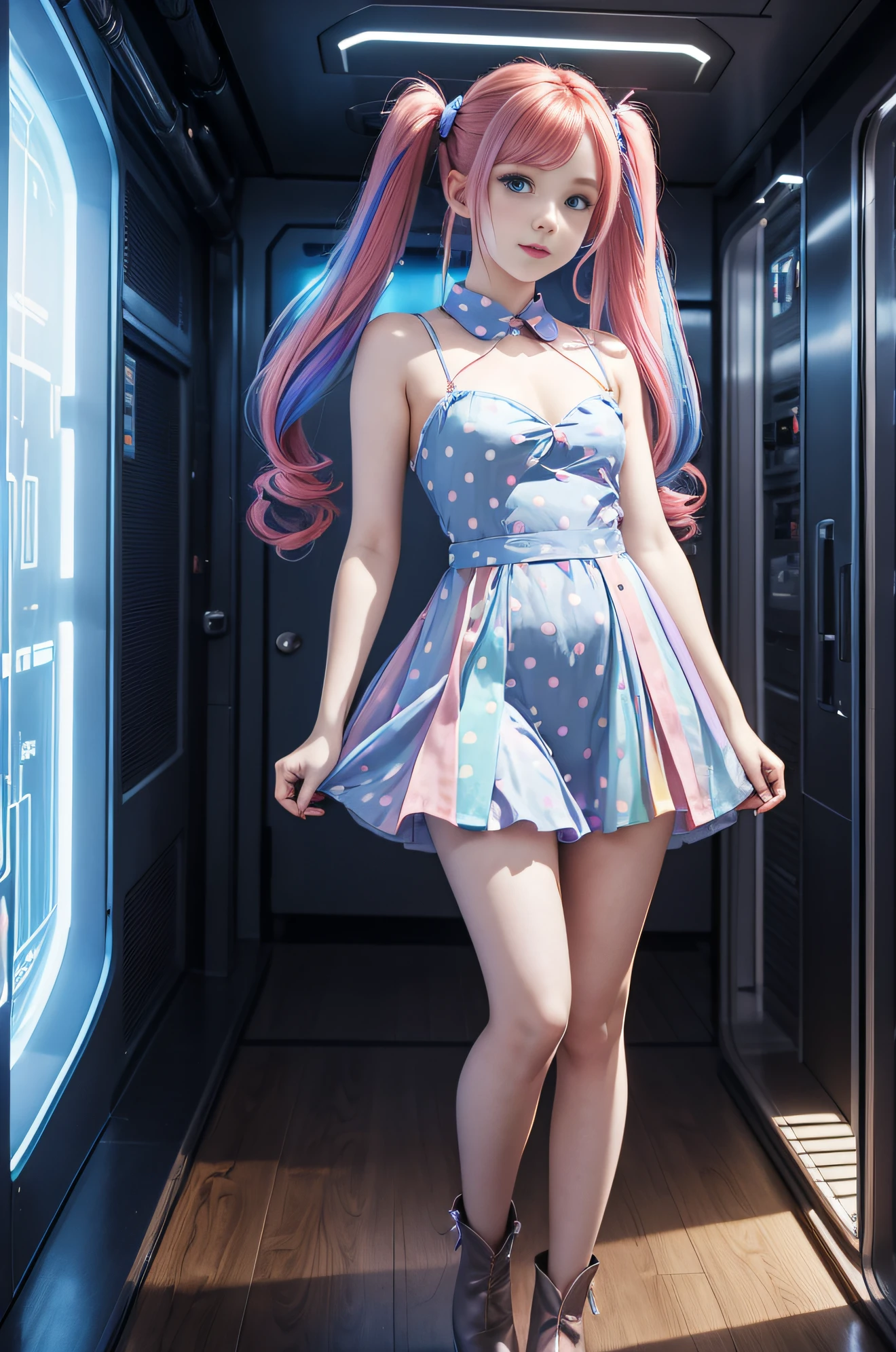 Cute redhead with rainbow colored hair tips, ribbons in her hair, 18-year-old woman, happy, in twin tails, perfect symmetrical eyes, clear sparkling blue eyes, pale skin, silky smooth skin, standing on a fancy metal luxurious space ship, futuristic corridor, control panels, wood trim, decorative plants, dark warm lighting, wearing a futuristic party dress, pleated (chemise) mini dress (pastel rainbow colors, and polka dots), wearing full body pantyhose, cute short cut booties.