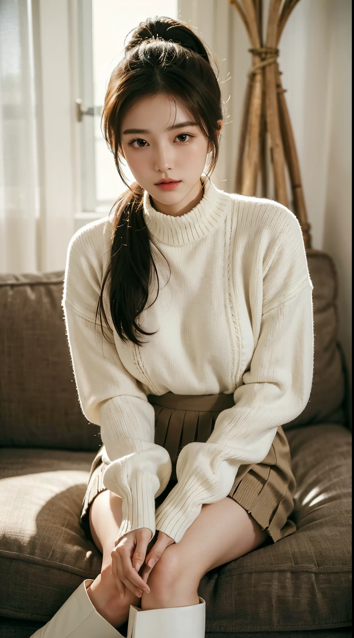 1girl, slender korean kpop idol and model ,ponytail hairstyle ,23 years old,soft body, big breast, fair skin,close-up, 8k, RAW photo, best quality, masterpiece,realistic, photo-realistic,cute,mansion , summer ,soft light, High image quality,( crop zippered knitwear sweater, pleated skirt, white tall boots ) , head to leg