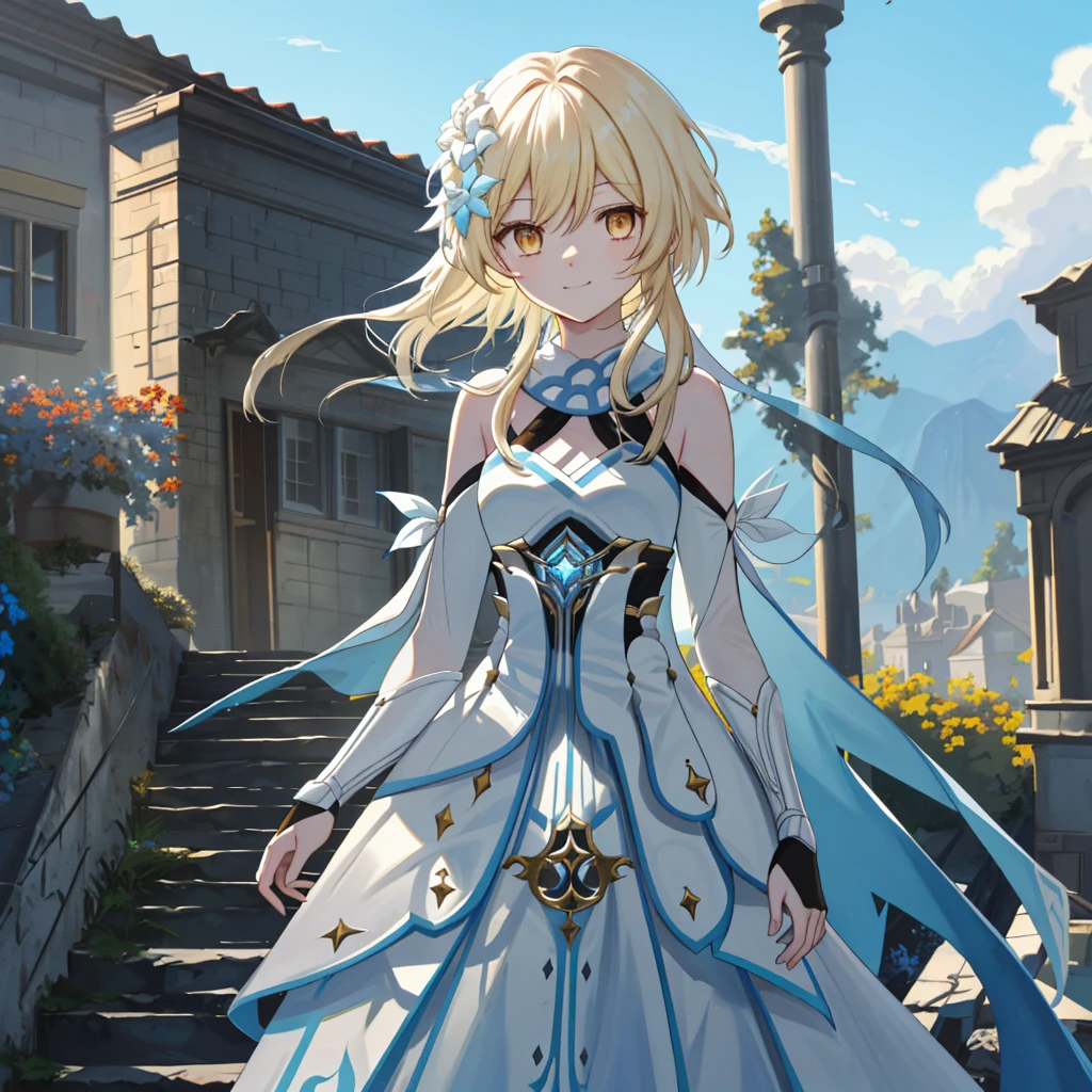 luminedef, The upper part of the body, ssmile, Be red in the face, exteriors, daysieackgound, blue-sky, long whitr hair, Skysky, chies, looking at viewert, stairwayont, moody light,Genre painting