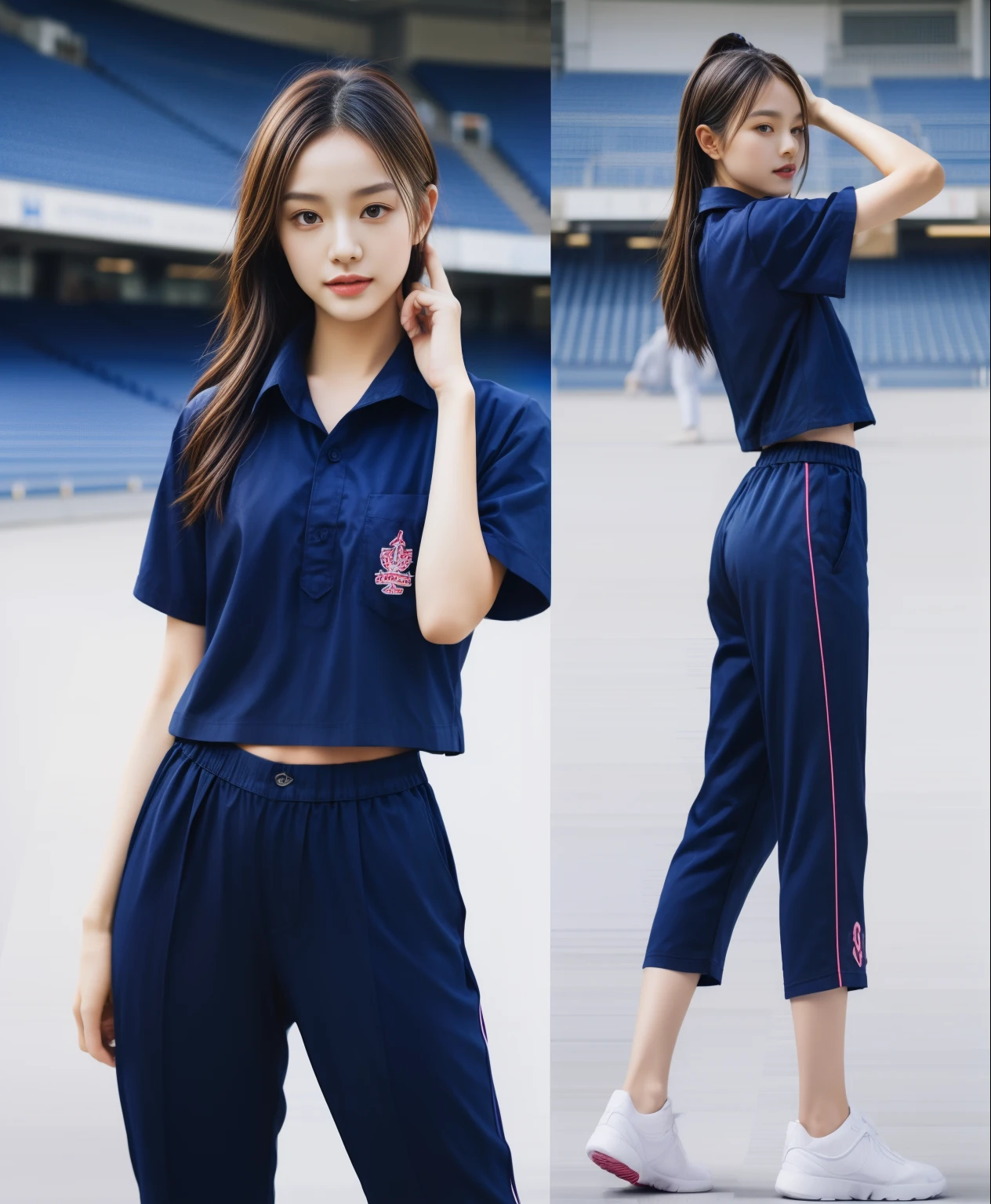 (bestquality,10,10,highres,masterpiece:1.2),ultra-detail,(Realistic,photorealistic portrait,photo-realistic:1.37),1 Cute girl in the football field,oily shiny skin,bara,light smile,BDclothelue shirt:1.3)),short sleeves,shirt, trousers.,(navy_long_Pants Track:1.1), ((Stadium Background:1.3)),dynamic angle,excited,face focus,Dynamic Poses,from behide,Ass Focus,masterpiece, bestquality, ultra realistic, hyper-detail, 8k resolution, RAW photo, crisp focus, ((Navy blue shirt:1.1)), short sleeves, Long Path, Perfect body, 2 mature women, 18yo, cinematic light,Blue sweatpants,Gymware,Correct anatomy,Complete body, Correct body, sharp face, Anatomically correct body, full entire body, Realistic gestures, long-haired, Realistic poses,Wear long shorts.............................................,Long leg span,Shapely,Sculpting Girl, Slender Figure, mannequin mannequins, Shapely, Beautiful body,Blue sweatpants, Two girls kissing
