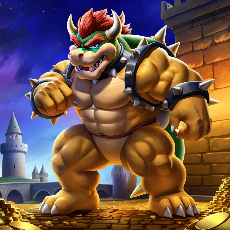 full body, Bowser, solo, male, best quality, highly detailed, 8K, castle background, grinning expression, standing over treasure, four toes, five fingers, dominating pose,