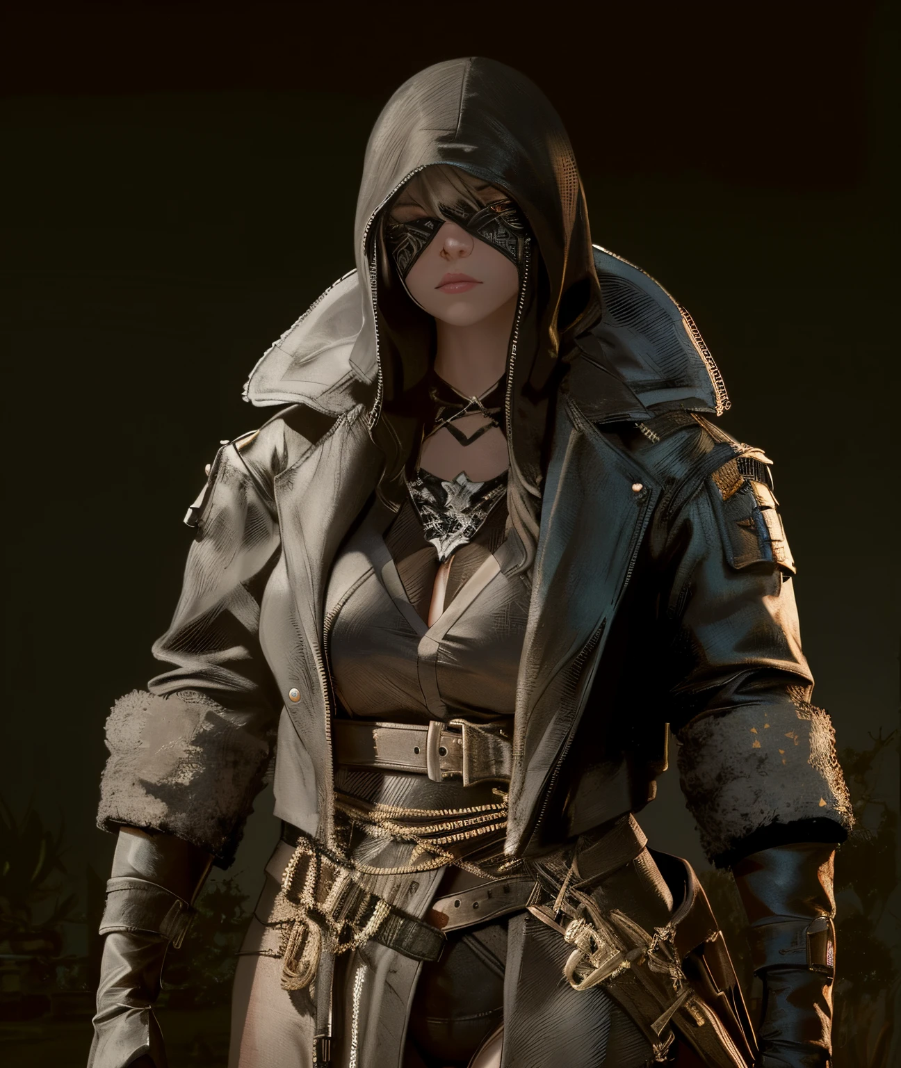 immensity, Black stockings, black in color, There is a woman wearing a hooded jacket and mask, Female Assassin, unreal engine character art, female rouge killer, portrait of a bloodborne hunter, heroines, wearing leather assassin armor, Stunning 8K character concept art, Beautiful female killer, Uma personagem feminina, Portrait of female thief, small person. Unreal Engine5