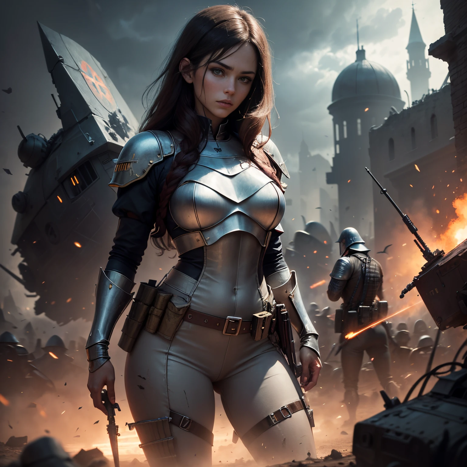 best quality, masterpiece, highres, detailed, (medieval battlefield:1.5), a crashed futuristic spaceship, a beautiful woman in a cyberpunk costume posing,