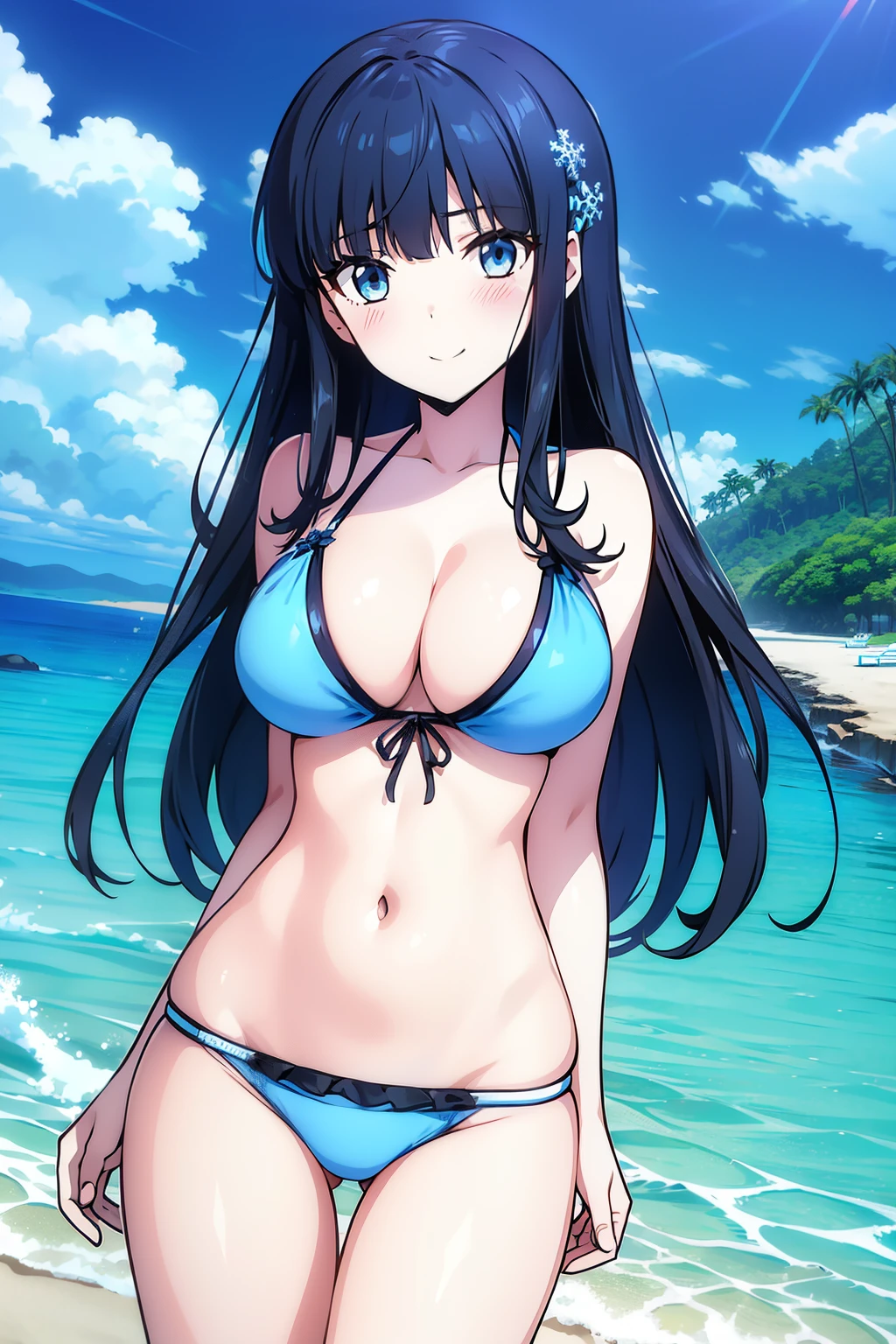 Miyuki, 1girl in, Solo, long_hair, Bangs, Blue_Eyes, Black_hair, hair_ornament detached, blunt_Bangs, Yuki, Snowflake_hair_ornament detached、Look at viewers、embarrassed, Blushing, A smile,(Light blue bikini:1.3),(the beach:1.3)、thighs thighs thighs thighs、cowboy shot、Bare neck、Bare arms、bare shoulders​、bare elbows、Bare hands、Naughty big、large full breasts、