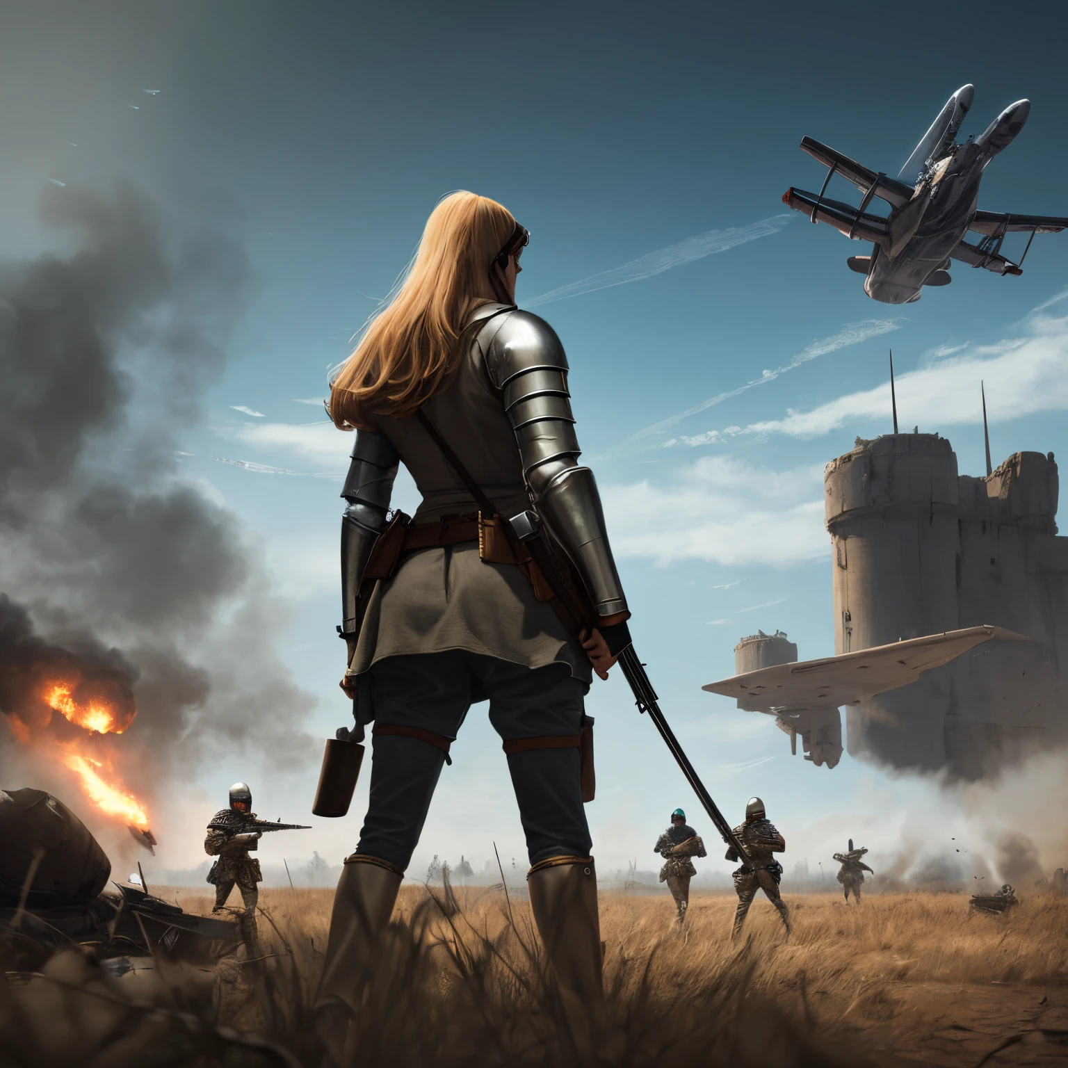 best quality, masterpiece, highres, detailed,
(medieval battlefield:1.5),
BREAK
cyberpunk woman standing,
BREAK
spaceship crashed behind,