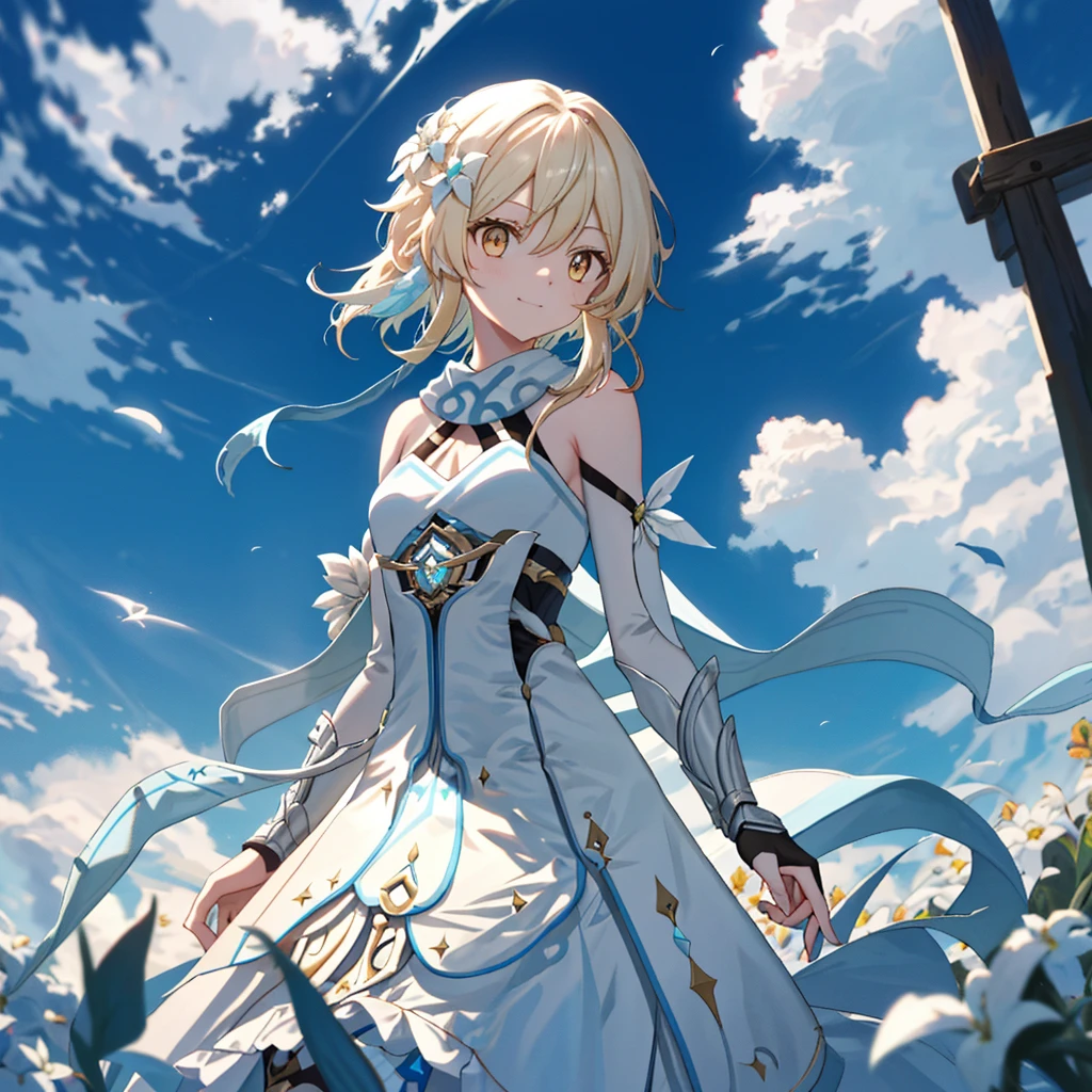 luminedef, The upper part of the body, ssmile, Be red in the face, exteriors, daysieackgound, blue-sky, long whitr hair, Skysky, chies, looking at viewert, stairwayont, moody light,Genre painting
