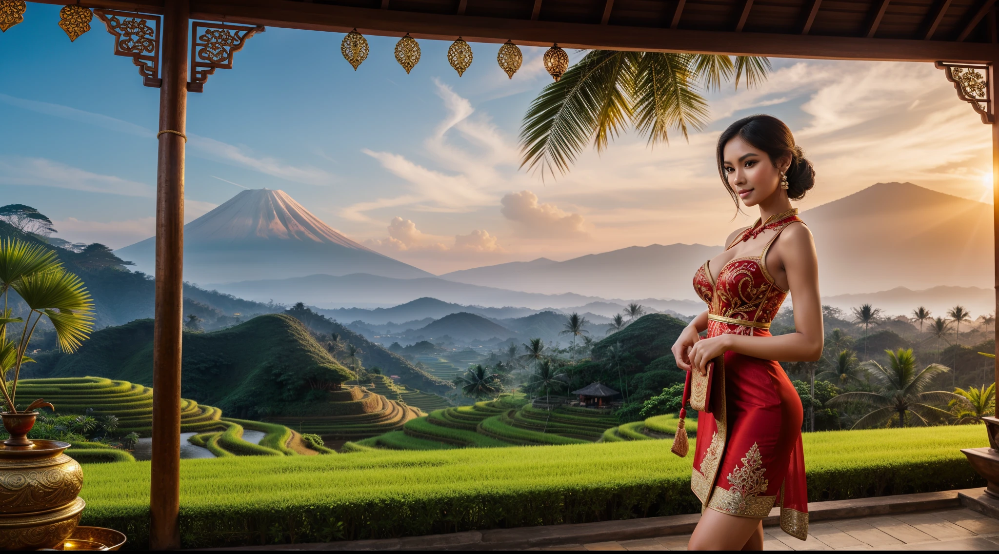 ((a girl (stand:1.2) (alone:1.4))),((full-body:1.6, cinematic-shot)),(best quality,4k,8k,highres,masterpiece:1.2),ultra-detailed,(realistic,photorealistic,photo-realistic:1.37),(beautiful and aesthetic:1.2),vibrant color,(film grain:1.3).

Indonesian,(1girl),(solo),((1 person)),(17years-old),[Raiana-Elizabeth-Dilla],pearl skin,(skin pores:1.1),beautiful detailed eyes,beautiful detailed lips,extremely detailed eyes,longeyelashes,extremely detailed face and skin texture,(skin texture:1.1),black hair,tall and slender body,(192cm tall),thin and delicate figure,graceful posture,flawless skin,defined abs,perfect curves,feminine appearance,beautiful long legs,embodying elegance and beauty,(cleavage breasts,large breasts:1.4),((wearing a (red ultra-short kebaya-dress:1.4))),extremely detailed and realistic (red) clothes,(shiny skin),((sharp focus:1.5)),(earringeathers:1.5).

[an Indonesian village, vibrant and lively, surrounded by the rich cultural heritage. The village is filled with colorful houses made of bamboo and wood, adorned with intricate carvings and decorations. The landscape is lush and scenic, with rice terraces stretching across the horizon, and towering palm trees swaying in the gentle breeze. In the background, the majestic silhouette of a volcano adds a dramatic touch to the scene. The colors are vivid and vibrant, reflecting the abundant nature and the cheerful spirit of the village. The lighting is warm and soft, casting a golden glow over the entire scene. The overall style of the artwork is a fusion of traditional and contemporary, showcasing the uniqueness of the Indonesian culture. The color palette is rich and diverse, with warm earth tones punctuated by pops of vibrant hues. The lighting is carefully crafted, illuminating the scene with a soft, diffused glow, creating a sense of warmth and tranquility]

Official art,extremely detailed,Angelic ethereal beauty,award-winning photography,professional photography,depth-of-field,bokeh.