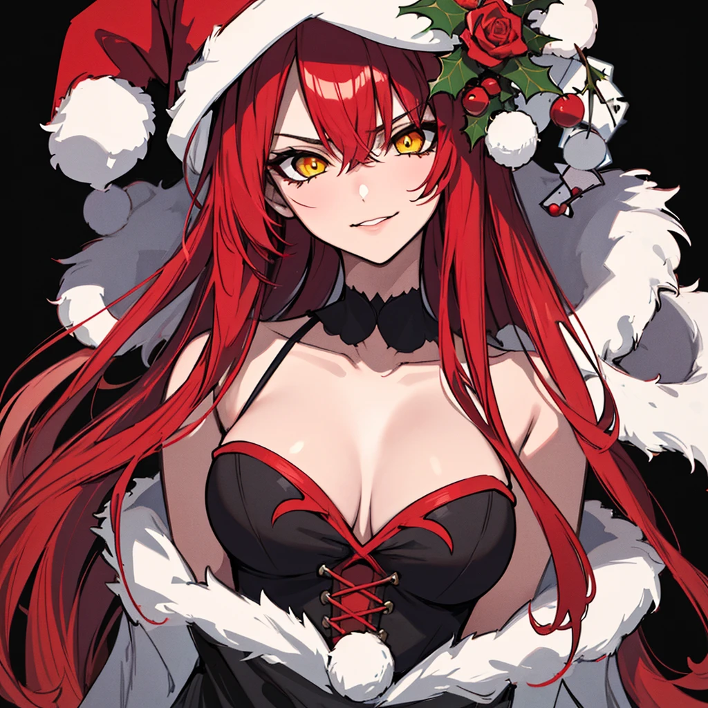 (absurdres, 8k, 4k, masterpiece, hyper extreme detailed:1.2), solo, ((black background)), 1girl, front view, ((christmas hat)), perfect face, ((dark background)), 1girl, (straight cut bangs), (very long hair), evil, queen, portrait, expressive eyes, solo, perfect anatomy, evil eyes, female, medium boobs, elegant christmas clothes, roses, ((long red hair)), windy, serious, not smile, evil, yellow eyes, female, dark, gothic clothes, blood, (face portait), close up