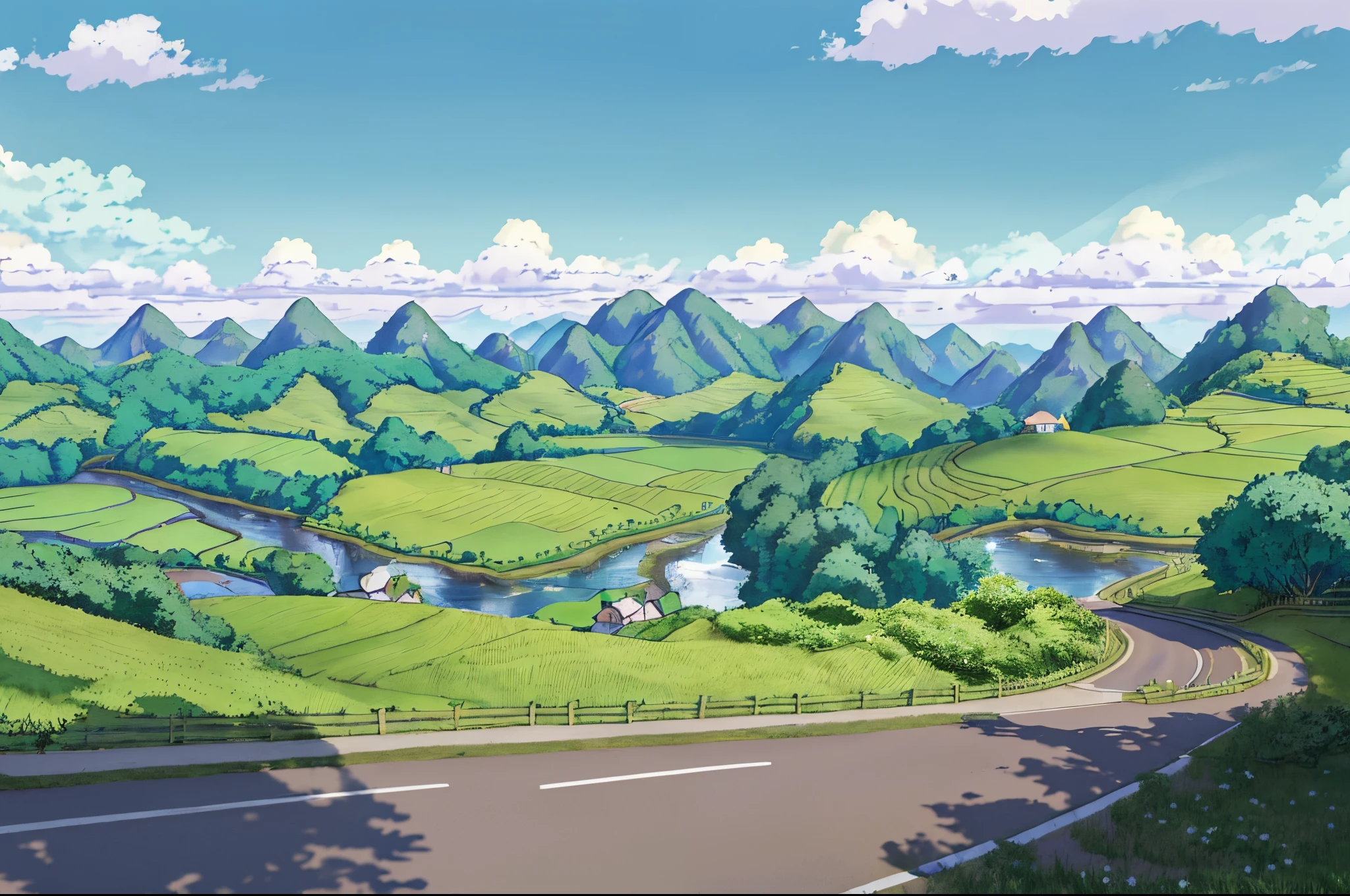 there is a picture of a road going through a green valley, anime countryside landscape, amazing landscape in background, distant village background, anime landscape wallpaper, anime movie background, anime landscape, detailed scenery —width 672, landscape wallpaper, beautiful anime scenery, ross tran. scenic background, anime background art, vast landscape, pixar film setting, a beautiful landscape, amazing wallpaper