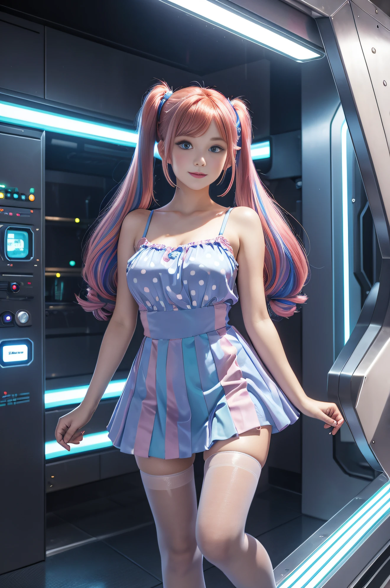Cute redhead, gravure Idol, with rainbow colored hair tips, ribbons in her hair, 18-year-old woman, happy, in twin tails, perfect symmetrical eyes, clear sparkling blue eyes, pale skin, silky smooth skin, standing on a fancy metal luxurious space ship, futuristic corridor, control panels, wood trim, decorative plants, dark warm lighting, wearing a futuristic party dress, pleated (chemise) mini dress (pastel rainbow colors, and polka dots), wearing full body pantyhose, cute short cut booties.
