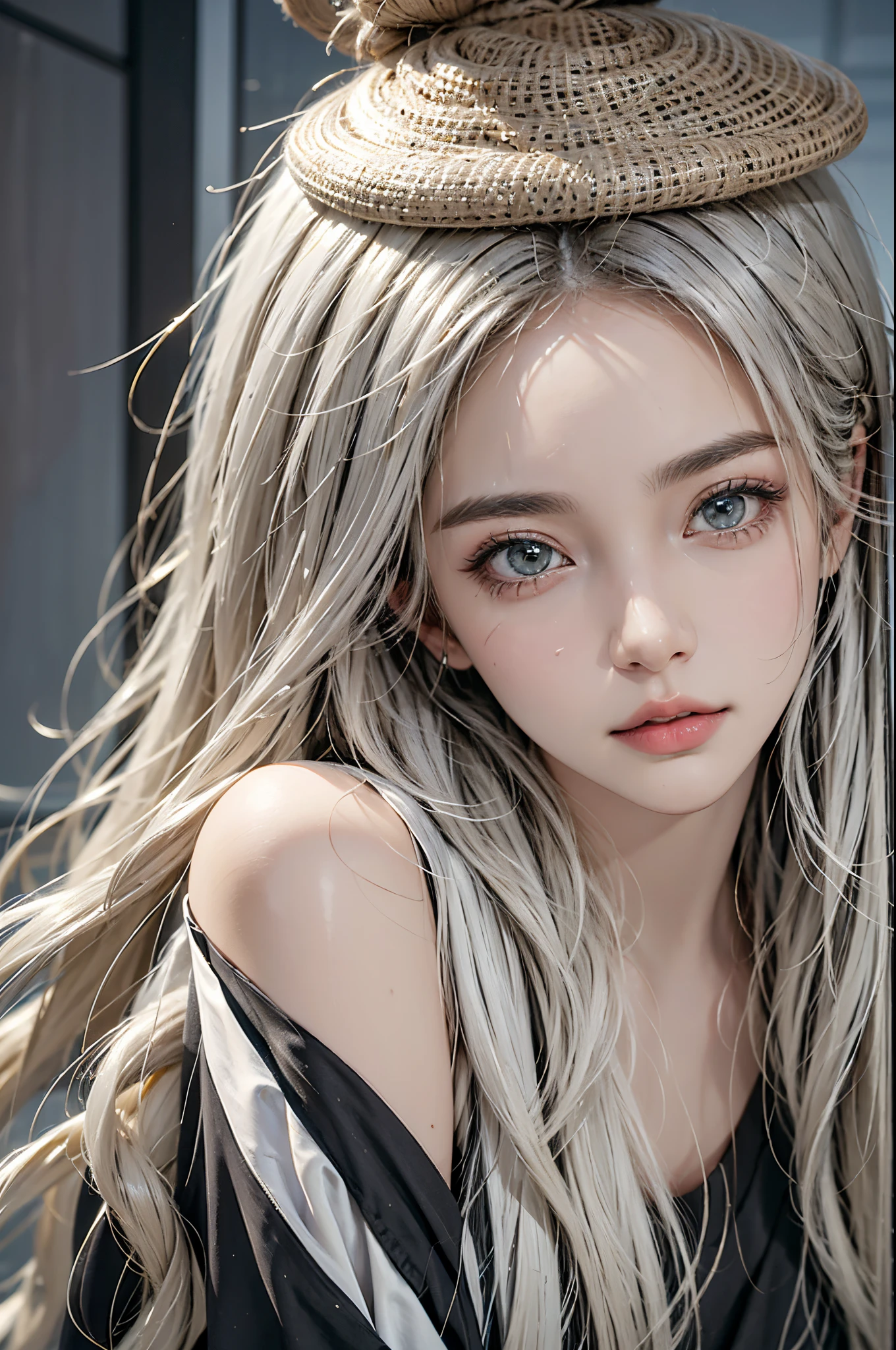 APS, ((knee shot)), realisticlying, A high resolution, 1girl, Alone, Just look at the audience, (详细的脸), Nice big eyes, Ultra-fine makeup, Long blonde hair, curlies, messy  hair, Random scenes, Random shooting angle, Casual pose, posing elegantly, Lazy expression