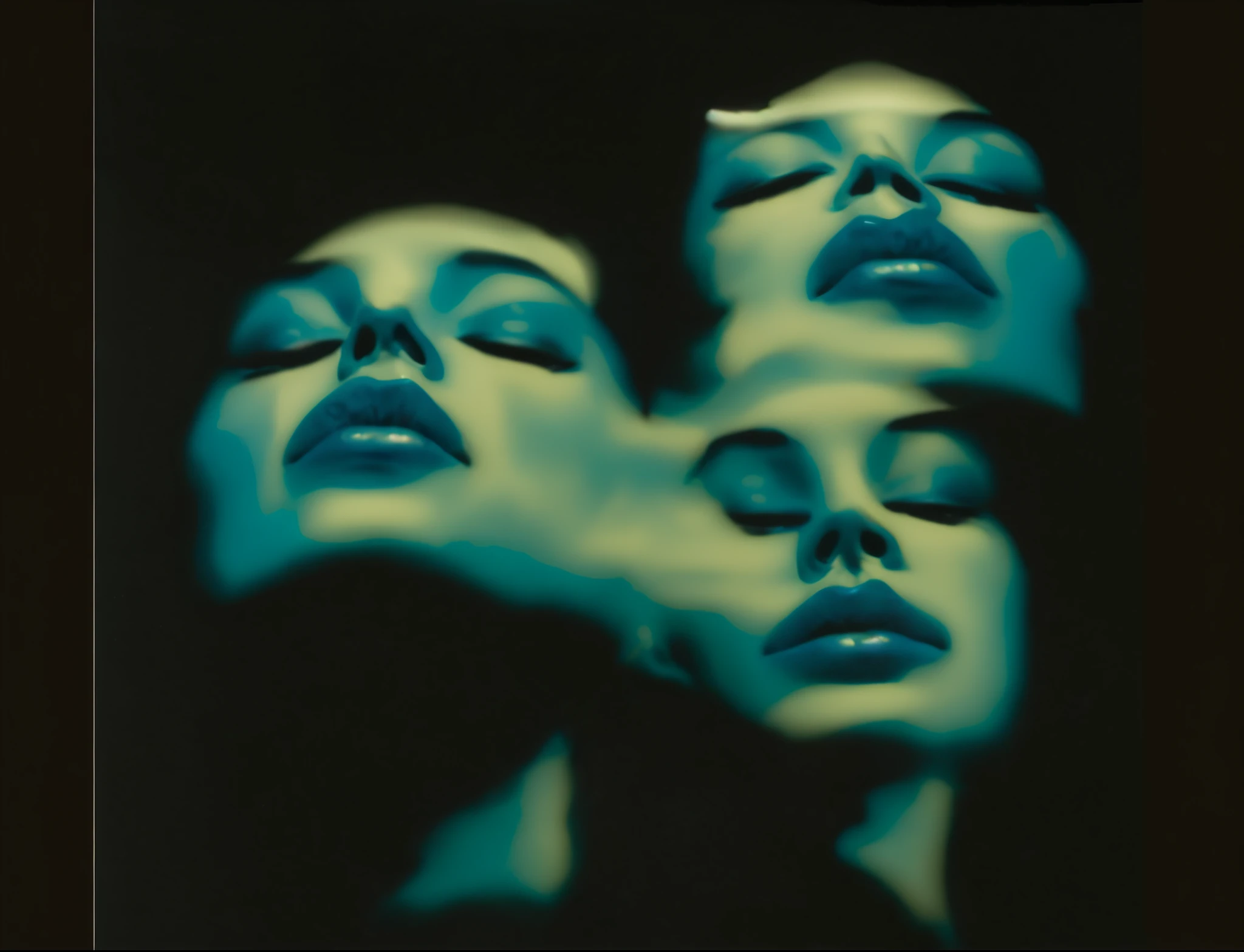 Two blue and white faces on black background, 3heads, Three heads, Deformation, Three heads and one body, reflective face, morphing skulls, multiple faces, !5 Three-Eyed Goddess, terrible symmetrical face, Blue face, Creature has four faces, funny face, Melted face, Light blue face, face full of shadows, LSD face