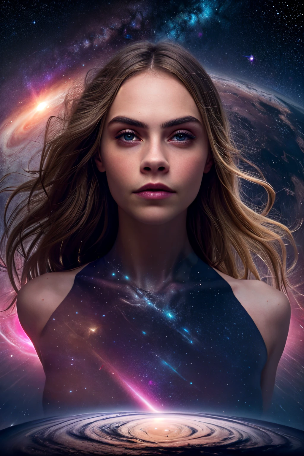 "Generate an AI-powered masterpiece that envisions Cara Delevingne as an ethereal being amidst the vast expanse of space. Picture her in a cosmic setting surrounded by distant stars, nebulae, and celestial wonders. Capture the grace and elegance of her figure through flowing, graceful shapes that harmonize with the cosmic backdrop. Imagine Cara's face radiating with celestial light, embodying both mystery and beauty. Use a cosmic color palette to convey the enchanting atmosphere of space, blending cosmic hues with the earthly charm of Cara Delevingne. The final image should be a visually stunning portrayal of Cara as a celestial entity, seamlessly merging the grace of her form with the cosmic wonders of the universe."