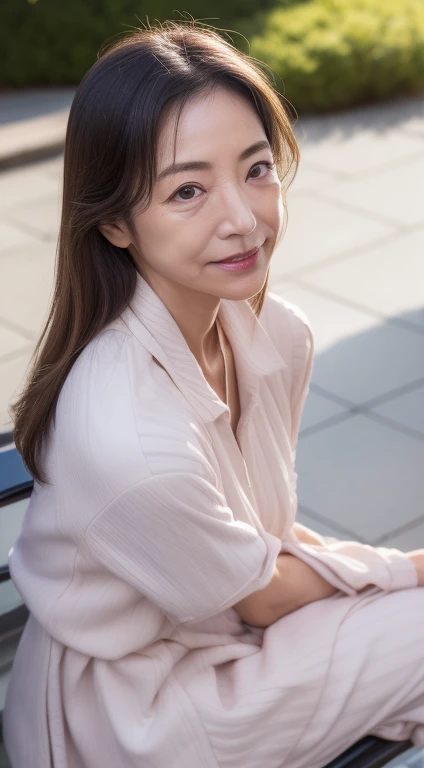 japanese mature、55 years old、A MILF、(Wrinkles at the corners of the eyes:1.6), Seductive smile, (nasolabial folds:1.4), a matural female,, top-quality, 超A high resolution, (Photorealista: 1.4), autumnal, The cherry tree, espadrilles, Deep V Dress, translucent dress, Knee tights, perfect bodies, small tits, stiff nipple, (long Brond Hair), ((A detailed eye)), full bodyesbian, pretty pose, Sitting on a square bench, detailedskin, Chromo-white skin