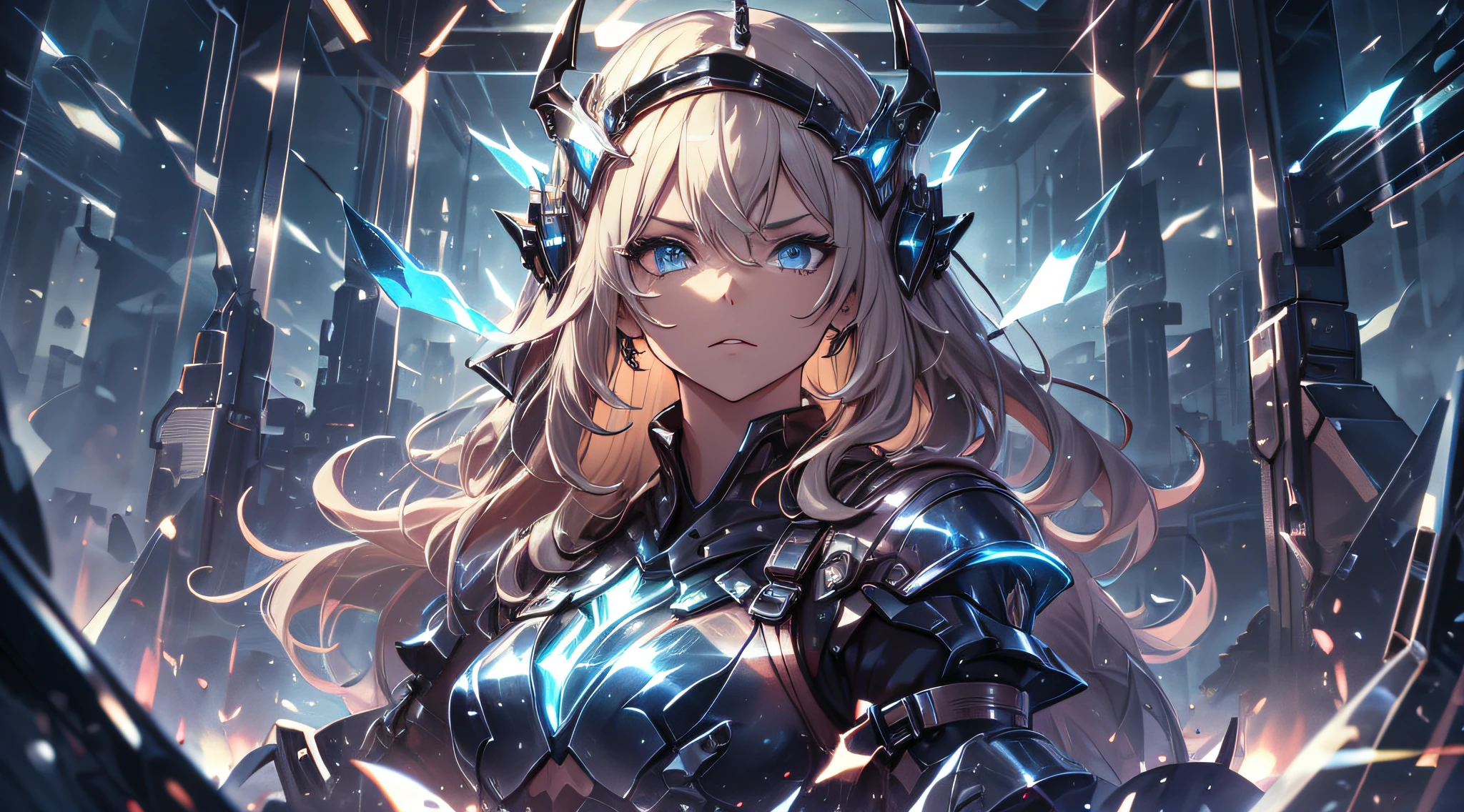 top-quality、Top image quality、​masterpiece、Teenage girl((black mechanic body、Shining red body line、Thorny armor、18year old、 Ager、Best Bust、big bast,Beautiful light blue eyes, Long Blonde Hair、A slender,Large valleys、Reflecting the whole body、black mechanic helmet、Equipped with a glossy black visor for the eyes、The power cable is stuck all over the body、Waiting in a mechanical chair)),hiquality、Beautiful Art、Background with((research complex、Mechanical Laboratory、bio research))​masterpiece、depth of fields,