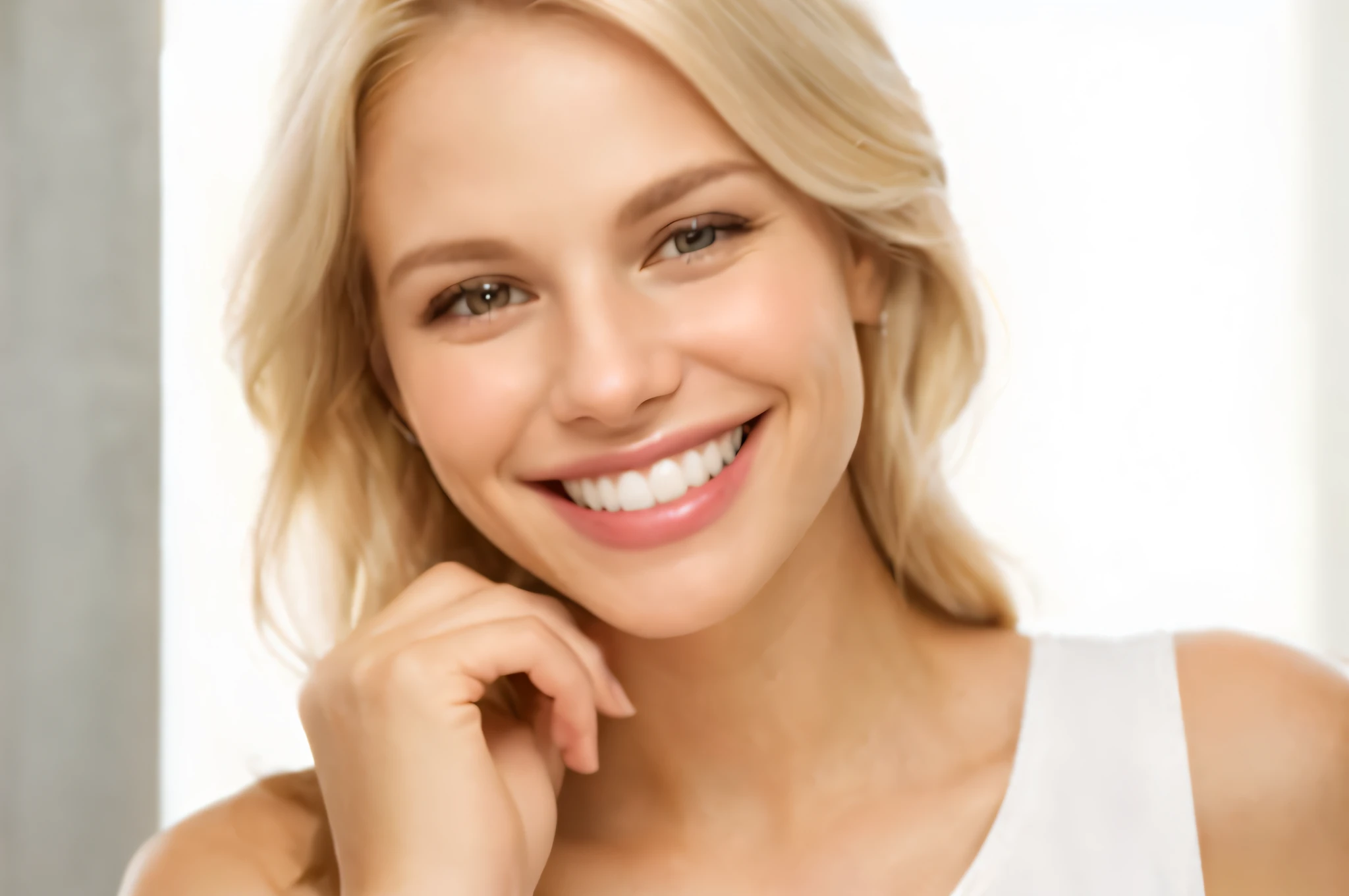 A woman with a white smile and a white vest, beautiful white teeth, smiling fashion model face, Bright smile White teeth, Enchanted smile, Happy fashion model face, Perfect smile, perfect smile fashion, belosoriso, cute smiling, beatiful smiling face, beautiful and smiling, Blonde hair and charming features, With a beautiful smile, white teeth, belosoriso