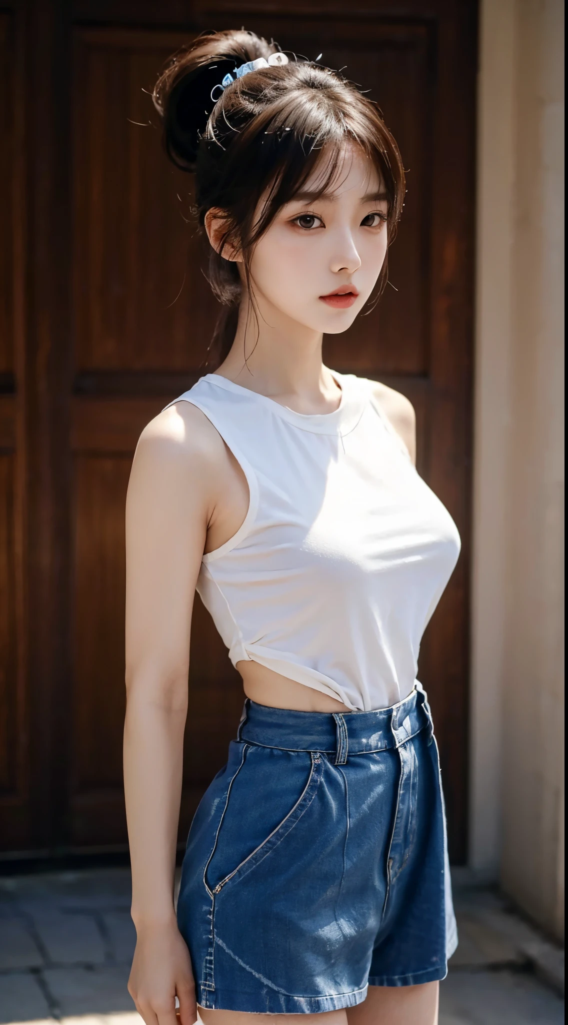 1girl, slender korean kpop idol and model ,ponytail hairstyle ,23 years old,soft body, big breast, fair skin,close-up, 8k, RAW photo, best quality, masterpiece,realistic, photo-realistic,cute,mansion , summer ,soft light, High image quality,( flap over skorts ) , head to leg