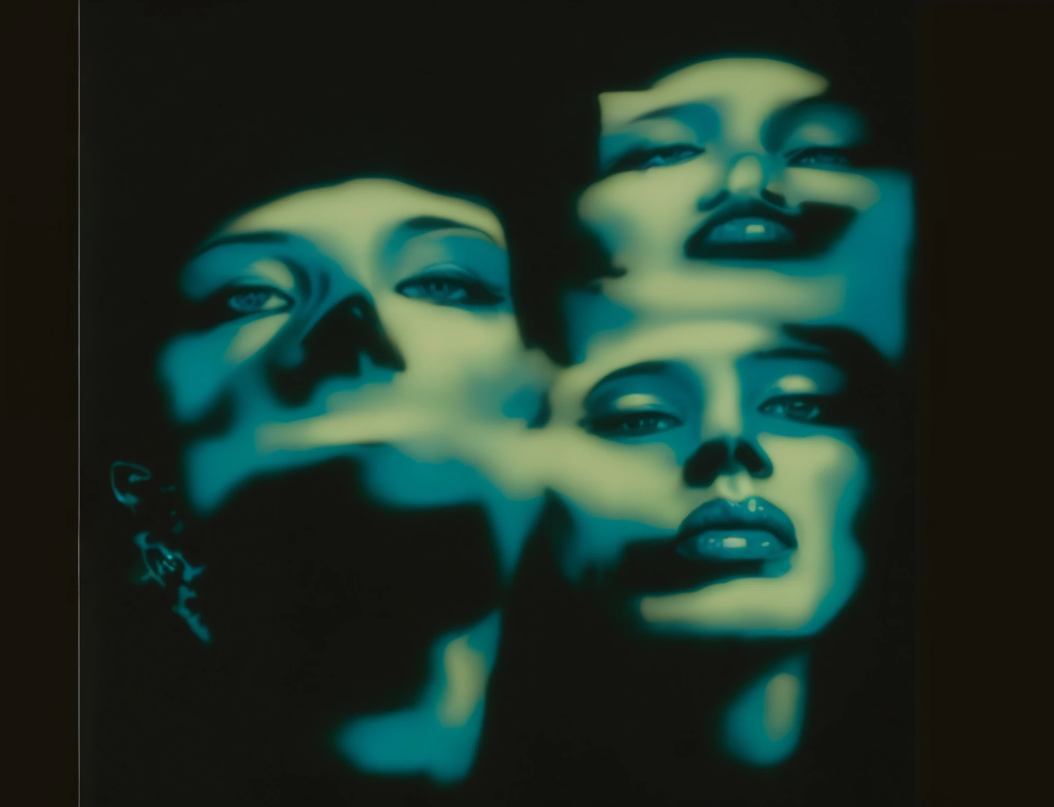Two blue and white faces on black background, 3heads, Three heads, Deformation, Three heads and one body, reflective face, morphing skulls, multiple faces, !5 Three-Eyed Goddess, terrible symmetrical face, Blue face, Creature has four faces, funny face, Melted face, Light blue face, face full of shadows, face