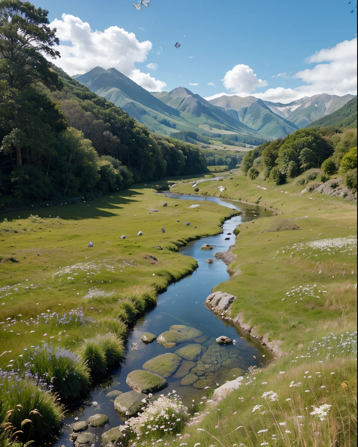 Distant scenery,Green mountains,clear blue skielocks of birds fly in the sky,There are butterflies everywhere,Small river around,tussock,There are flowers on the ground,a warm color palette colar ,