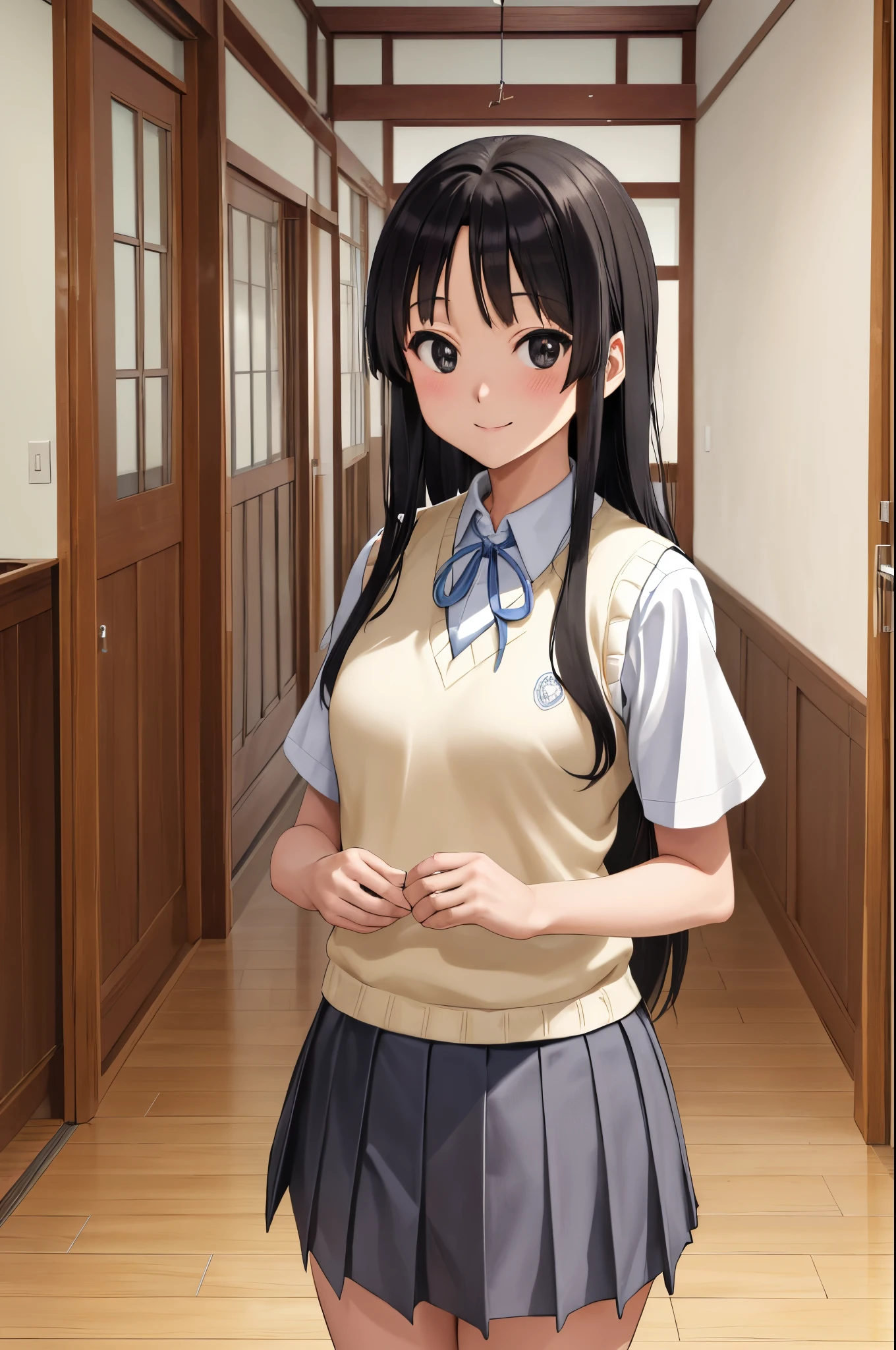 masterpiece,best quality,highres,ultra-detailed,bbmio,black eyes,long hair,hime cut,blunt bangs,sakuragaoka high school uniform,school uniform,short sleeves,sweater vest,neck ribbon,collared shirt,white shirt,grey skirt,brown footwear,indoors,standing,cowboy shot,smile,discussion,