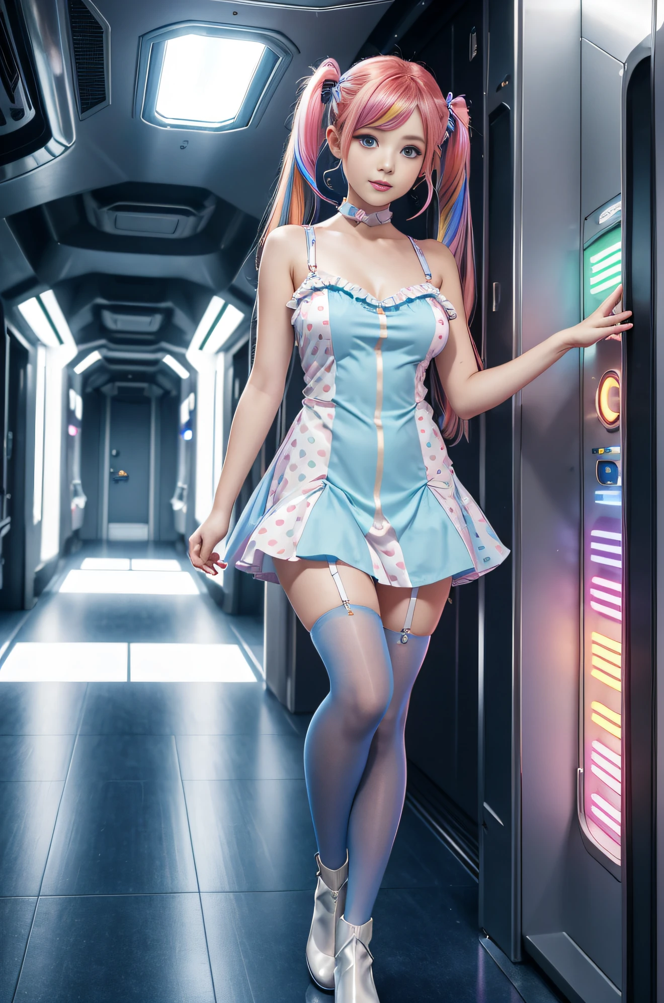 Cute redhead, gravure Idol, with rainbow colored hair tips, ribbons in her hair, 18-year-old woman, happy, in twin tails, perfect symmetrical eyes, clear sparkling blue eyes, pale skin, silky smooth skin, standing on a fancy metal luxurious space ship, futuristic corridor, control panels, wood trim, decorative plants, dark warm lighting, wearing a futuristic party dress, pleated (chemise) mini dress (pastel rainbow colors, and polka dots), wearing full body pantyhose, cute short cut booties.