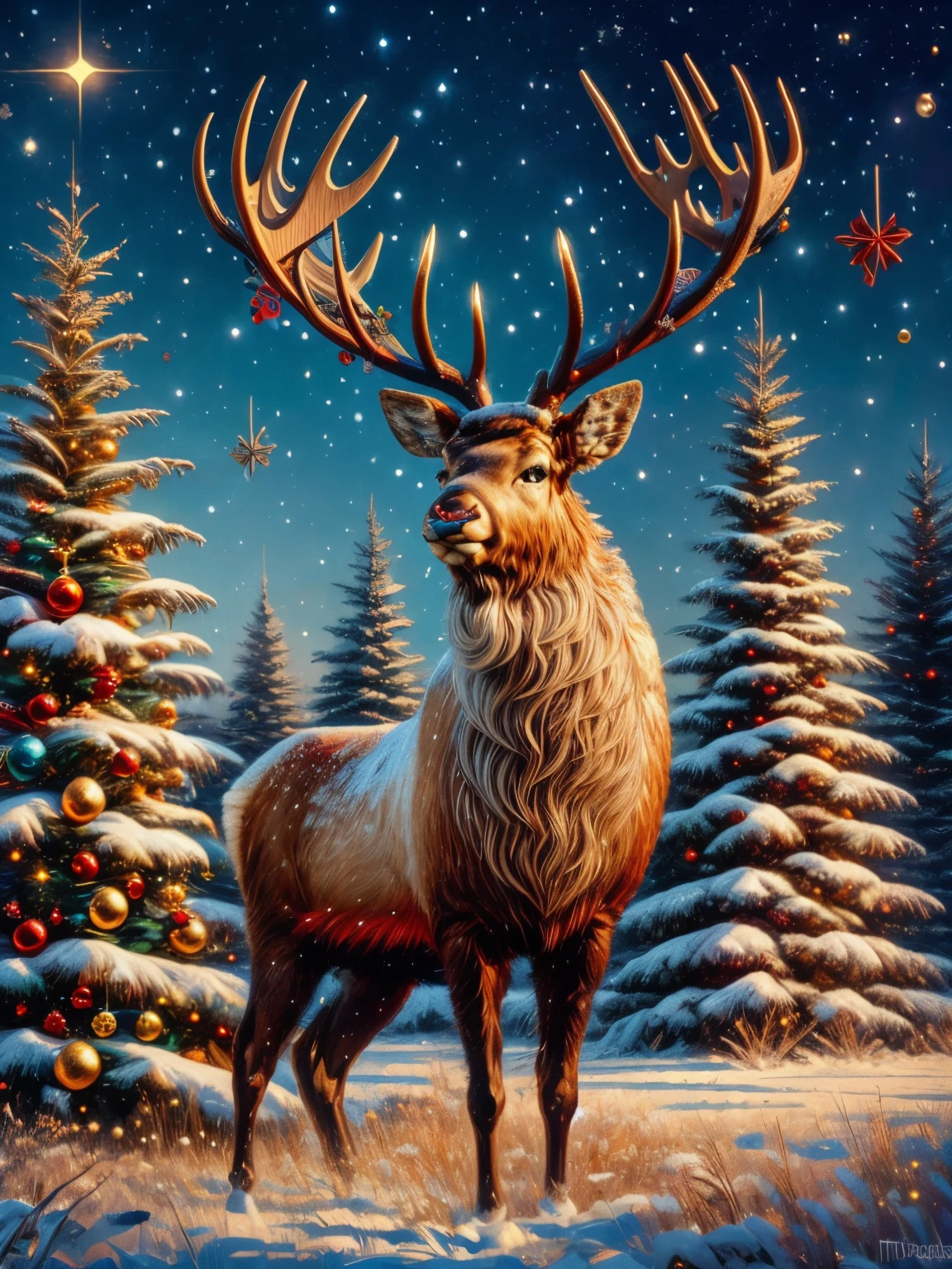 (tmasterpiece, high qulity) A (irate:1.3) (Frustrated:1.5) (reindeer:1.3) Attack the decorated Christmas tree, without humans,