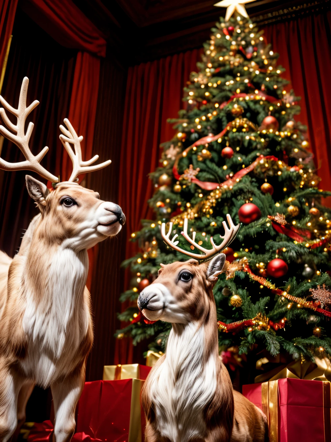 (tmasterpiece, high qulity) A (irate:1.3) (Frustrated:1.5) (reindeer:1.3) Attack the decorated Christmas tree, without humans,