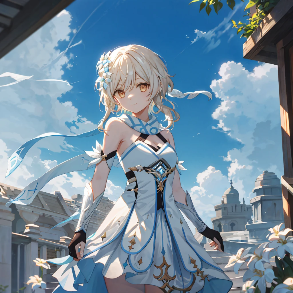 Rumidev, Upper part of the body, ssmile, face flushed, luring, Rishi Ajid, blue-sky, Long gray hair, sky sky, Chis, looking at viewert, stair light,Genre painting