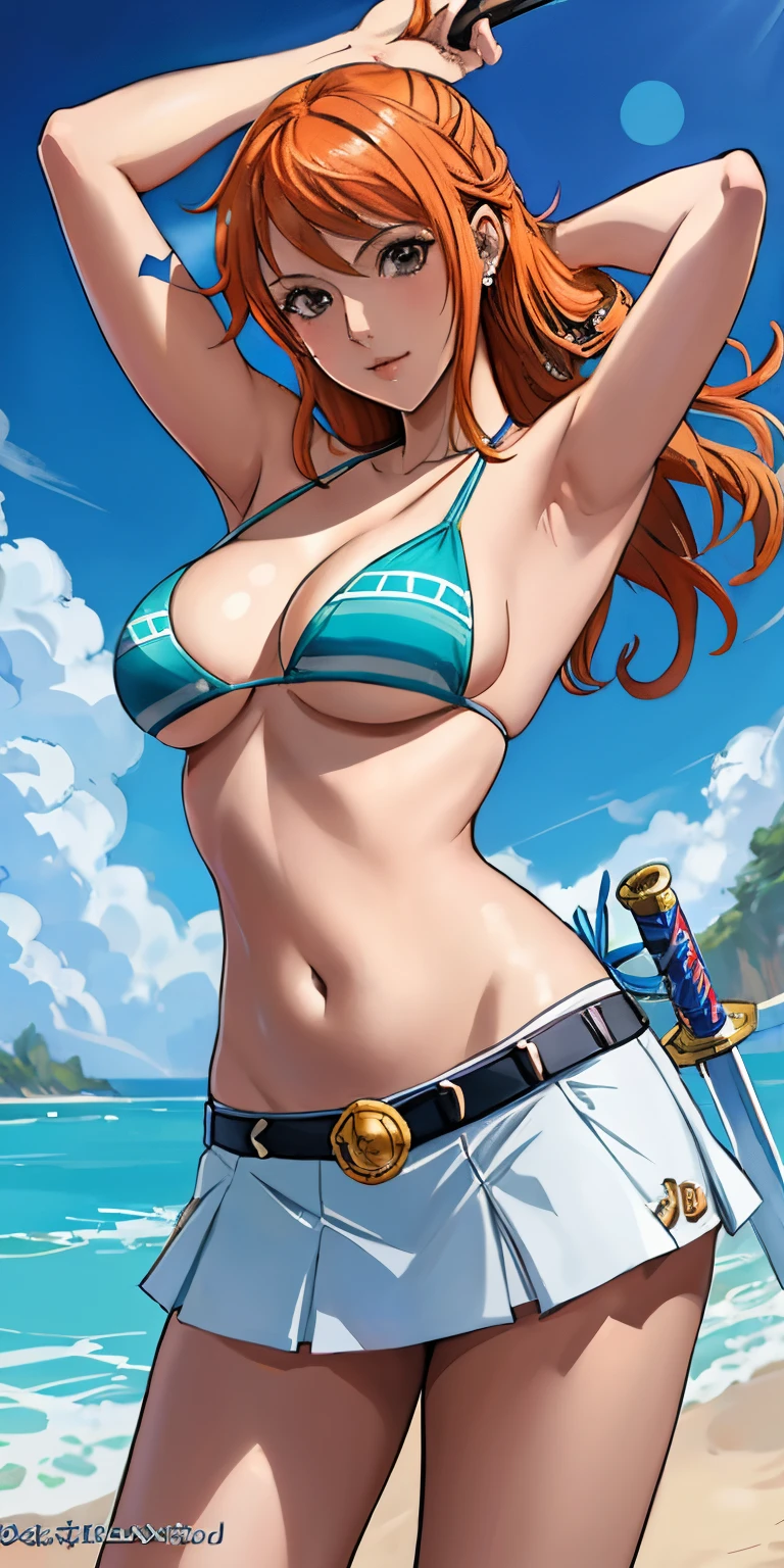 An arafe woman wearing a bikini top and super miniskirt and holding a sword, nami one piece, beautiful portrait of nami, Nami of one piece,Nami in super miniskirt, Detailed Digital Anime Art, Cute exirobat showing white pants, Very detailed ArtGerm haha, deviantart artstation cgscosiety, realistic bikini, Swimsuit, fanart best artstation, ArtGerm. high detailing