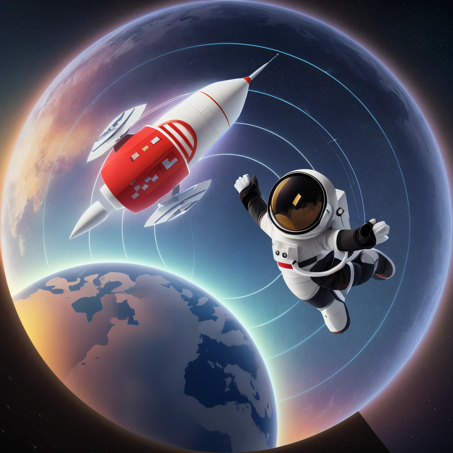 There is an astronaut flying in the sky with a rocket,3D illustration,3D rendering rocket
