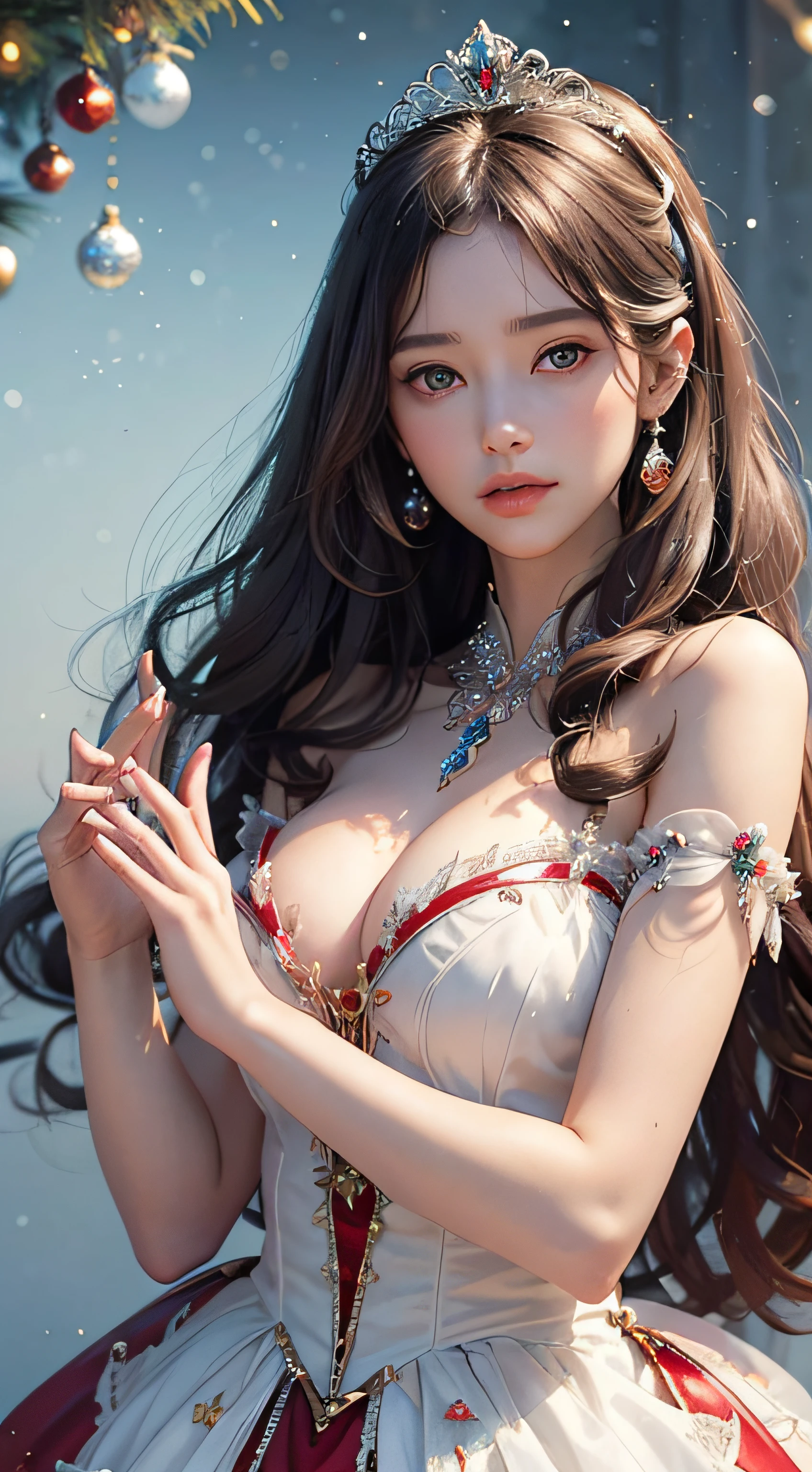 (top-quality、hight resolution、masterpiece)、(Photorealsitic)、(David Hamilton Style)、(softfocus)、Cinema Angle、ciinematic light、softlight、raytrace、(Land of Gems)、(Adorable Gem Princess、age19、Medium chest、)、(The majesty of the princess)、(Affectionate gaze)、(Detailed Vintage Portraits)、 Perfect face、Beautiful hairstyles、(ruby tiara)、 Detailed eyes, (Anatomically accurate hands and fingers)、Gorgeous Gem Outfits, (Christmas costume with delicate red and white design)、Crystal Brilliance、Luminous Gemstones、Airy Tail with the sparkle of colorful jewels、 Alice in Wonderland、jugendstil、colorful flower、The brilliance of the gemstone fills the space like a star、Background of sparkling water droplets dancing in the air、Unrealistic background、blured background、