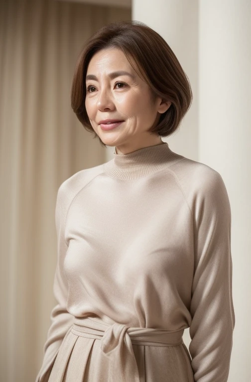 masuter piece, top-quality, ​masterpiece, hight resolution, Photorealsitic, Raw photography, 8k wallpaper, flawless, profetional lighting, ighly detailed, depth of fields,Pale solid color background, ((One beautiful woman)), ((70yo)), Female sexy, Detailed face, beautidful eyes, bangss, small breasts of good shape, Light Brown Straight Hair, Faint lips, ((stand facing forward、Staring at the viewer&#39;serious face eyes.)),Sweaters, skirt by the, foot out of frame