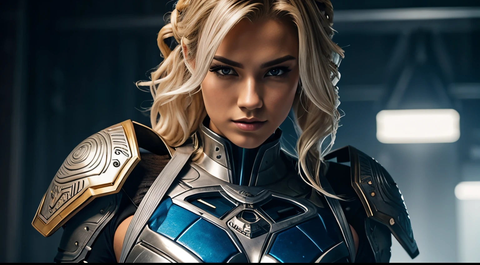 Blond wavy mohawk hair ,Cyborg girl, 25 years old, muscular, silver and gold suit, blue details, big boobs, intricate details, cyber punk, heavy makeup, body armour