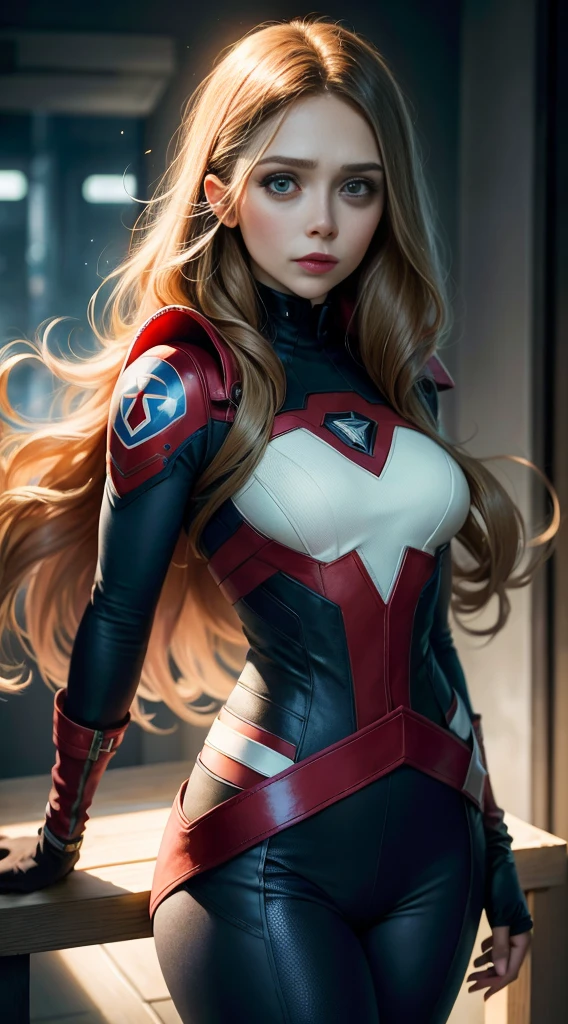 Elizabeth Olsen joue Captain America,Gratte-ciel,(inspiration for Mass Effect),Costume de Captain America,Security level,Hanches hypertrophiques du sein,Pantalon enroulé enroulé autour de hanches,Vêtement enroulé autour de la poitrine,(8k,Photo brute,Fotorrealista:1,25),(Excessive lip gloss,Three nombreux cils de la meilleure qualité,ultra-high-resolution,profondeur de champs,color difference,broad light,couleur naturelle,Photos lointaines(1:2)