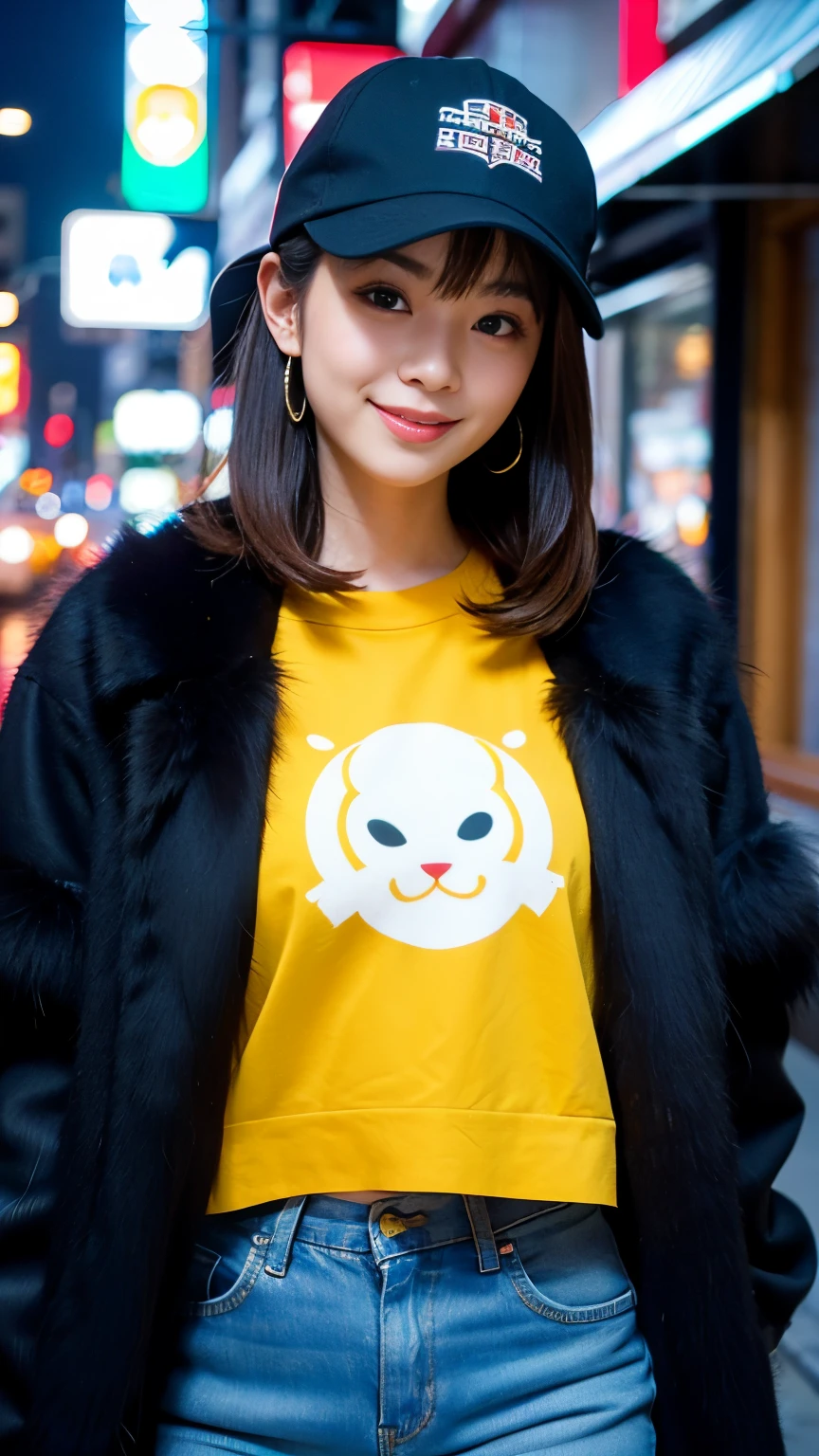 Best-quality, Masterpiece, Ultra-High-Resolution, (Photorealistic:1.4), Raw-Photo, Extremely-Details, Perfect-Anatomy, Ultra-Detailed,
1girl, -yeld, thost famous Japanese idol, grinning, in Tokyo's main street, ((walking with lighted cigarette in corner of mouth)),
wearing black baseball cap with cool design and black luxurious fur coat,
extremely cute face llike a most popular Japanese actress, extremely beautiful big black solid circle eyes, extremely beautiful lips, extremely beautiful realistic skins, extremely beautiful body, perfect proportion,
detailed black baseball cap with cool design, detailed black luxurious fur coat, detailed Tokyo's main street, detailed lighted cigarette, detailed smoke from lighted cigarette