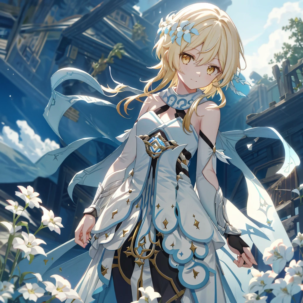luminedef， The upper part of the body， ssmile， Be red in the face， exteriors， daysieackgound， blue-sky， long whitr hair， Skysky， chies， looking at viewert， stairwayont， moody light，Genre painting