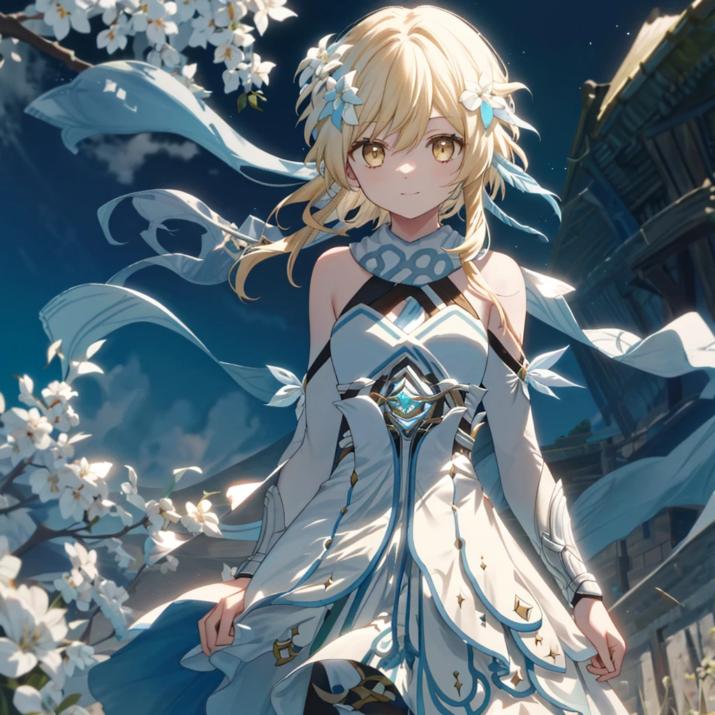 luminedef， The upper part of the body， ssmile， Be red in the face， exteriors， daysieackgound， blue-sky， long whitr hair， Skysky， chies， looking at viewert， stairwayont， moody light，Genre painting