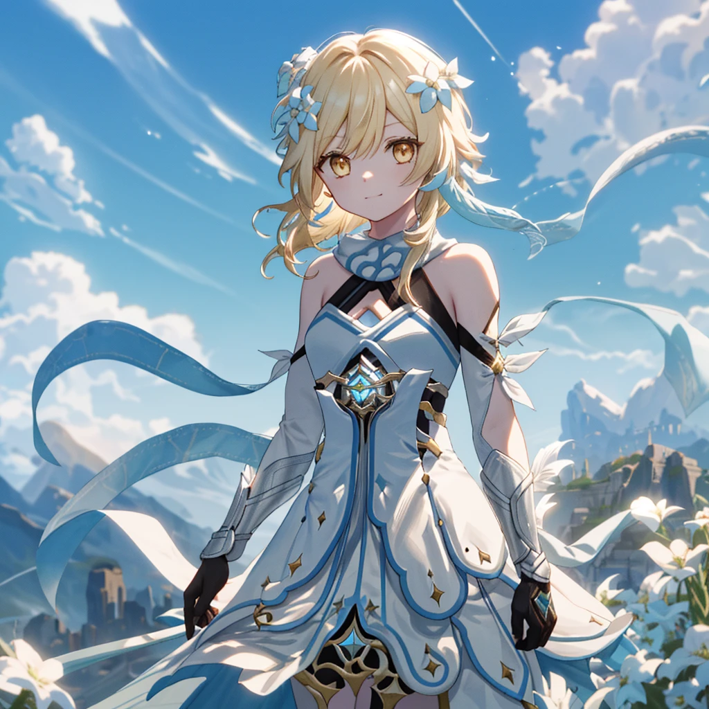 luminedef， The upper part of the body， ssmile， Be red in the face， exteriors， daysieackgound， blue-sky， long whitr hair， Skysky， chies， looking at viewert， stairwayont， moody light，Genre painting