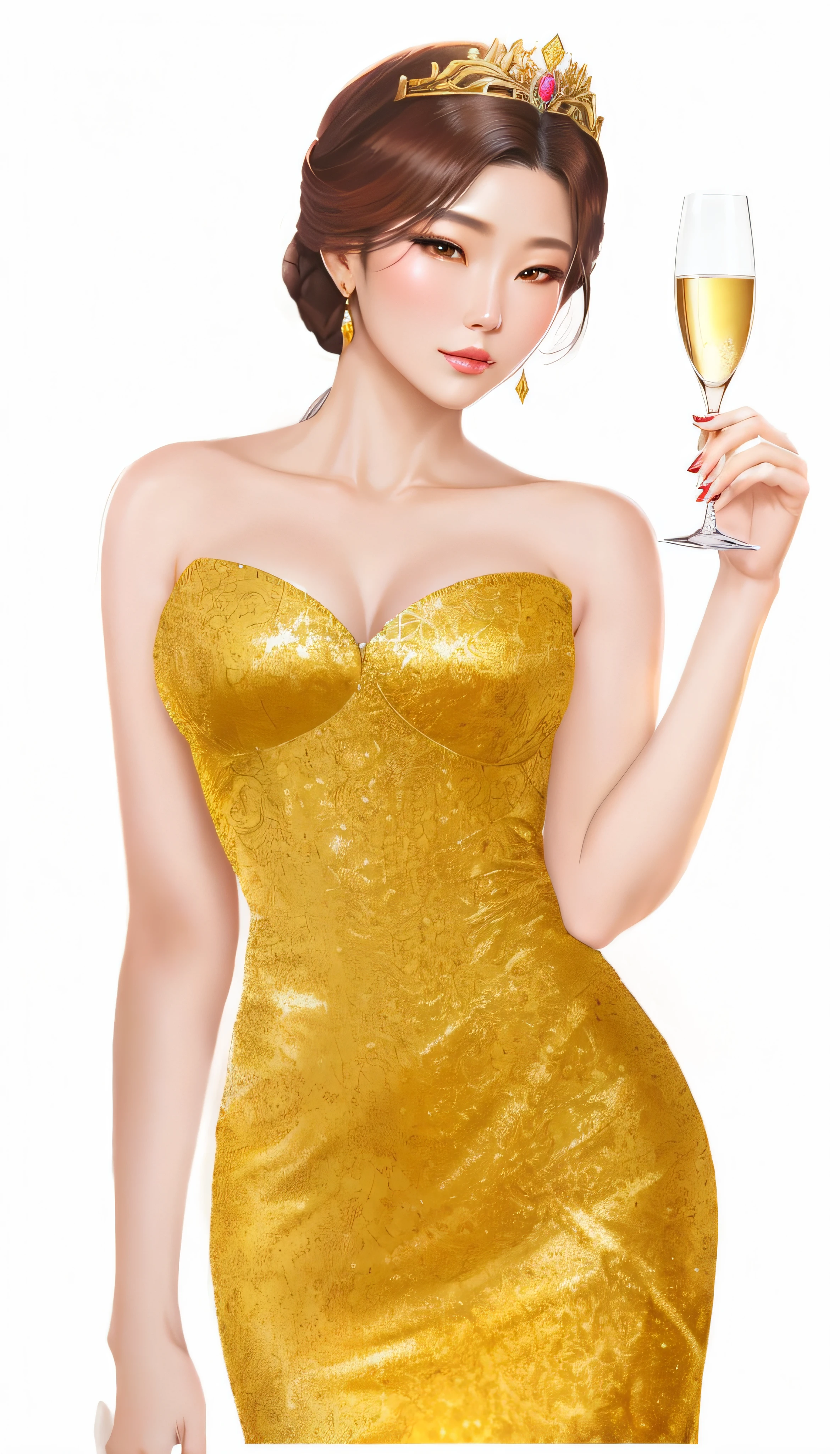 Close-up of a woman in a skirt holding a glass of wine, golden dress, Inspired by Shen Si Zheng, digital art of an elegant, ((beautiful fantasy empress)), Elegant yellow skin, golden corset, elegant gold skin, elegant gold body, inspired by Kim Deuk-sin, Detailed clothing and face shapes, ((('s)))