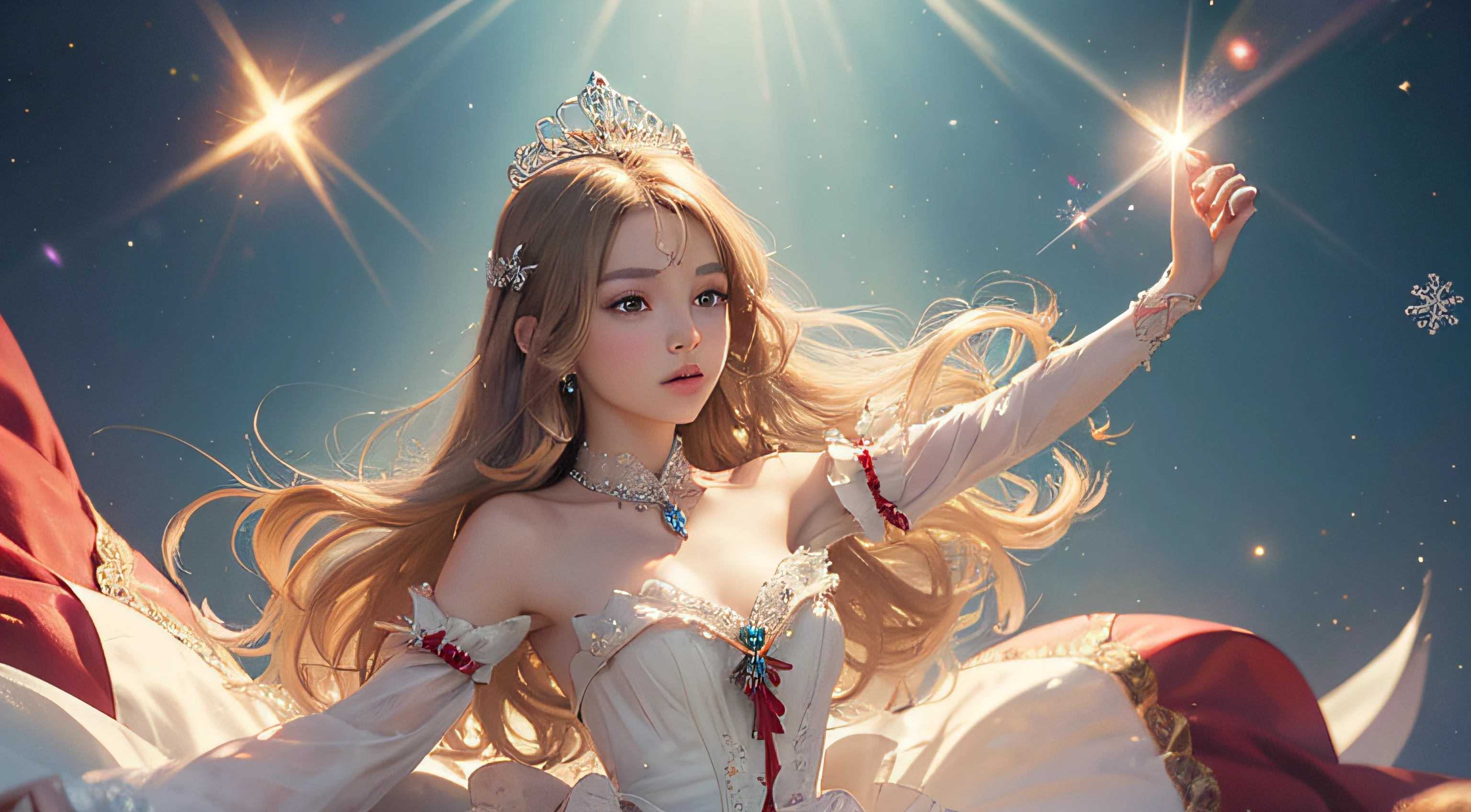 (top-quality、hight resolution、​masterpiece)、(Photorealsitic)、(David Hamilton Style)、(softfocus)、Cinema Angle、ciinematic light、softlight、raytrace、(Land of Gems)、(Adorable Gem Princess、age19、Medium chest、)、(The majesty of the princess)、(Affectionate gaze)、(Detailed Vintage Portraits)、 Perfect face、Beautiful hairstyles、(ruby ​​tiara)、 Detailed eyes, (Anatomically accurate hands and fingers)、Gorgeous Gem Outfits, (Christmas costume with delicate red and white design)、Crystal Brilliance、Luminous Gemstone Colorful Gem Shine Airy Tail、 Alice in Wonderland、jugendstil、colorful flower、The brilliance of the gemstone fills the space like a star、Background of sparkling water droplets dancing in the air、Unrealistic background、blured background、