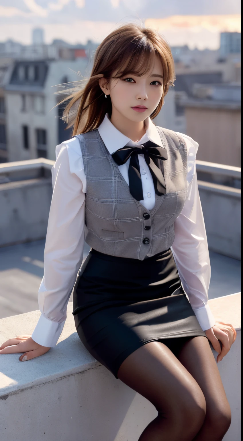 of the highest quality, High Definition, 16 K, Detailed background,
beautiful girl is sitting on the rooftop, Opening legs, Light brown bob hair,beautiful light brown eyes , Flushed face, Looking at the viewer,
BREAK (white and gray theme:1.3), (wearing in [[white and gray check pattern]] Vest worn over white collared long-sleeved shirt:1.4), (gray vest with buttons:1.2),
BREAK (Pink Theme:1.2), (pink ribbon bow:1.3),
BREAK (Black theme:1.4), (Tight black pencil skirt:1.5), (pantyhose:1.3), (high-heels:1.1),
Sunset Sea Shore, beautiful orange sky and clouds,