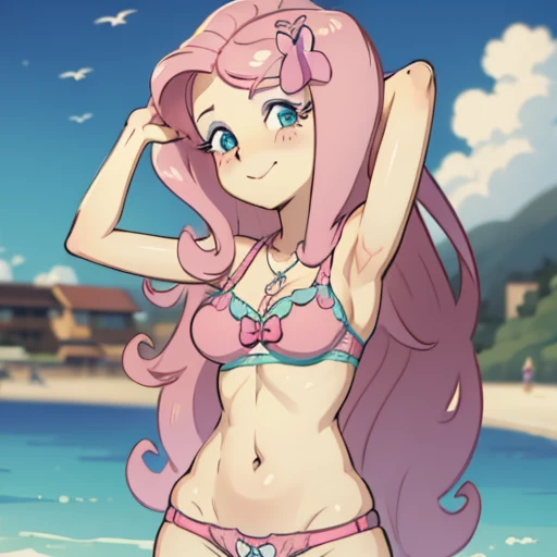 Fluttershy, 1 girl, Equestria Girls, pink hair, long ponytail, blue eyes, clear yellow skin, small breasts, detailed body, detailed face, detailed eyes, glistering body, shiny body, gorgeous body, masterpiece, athletic body, full body, smilling, ((flower on head, green frilly bikini, flip flops)), beach, clear sky, standing,