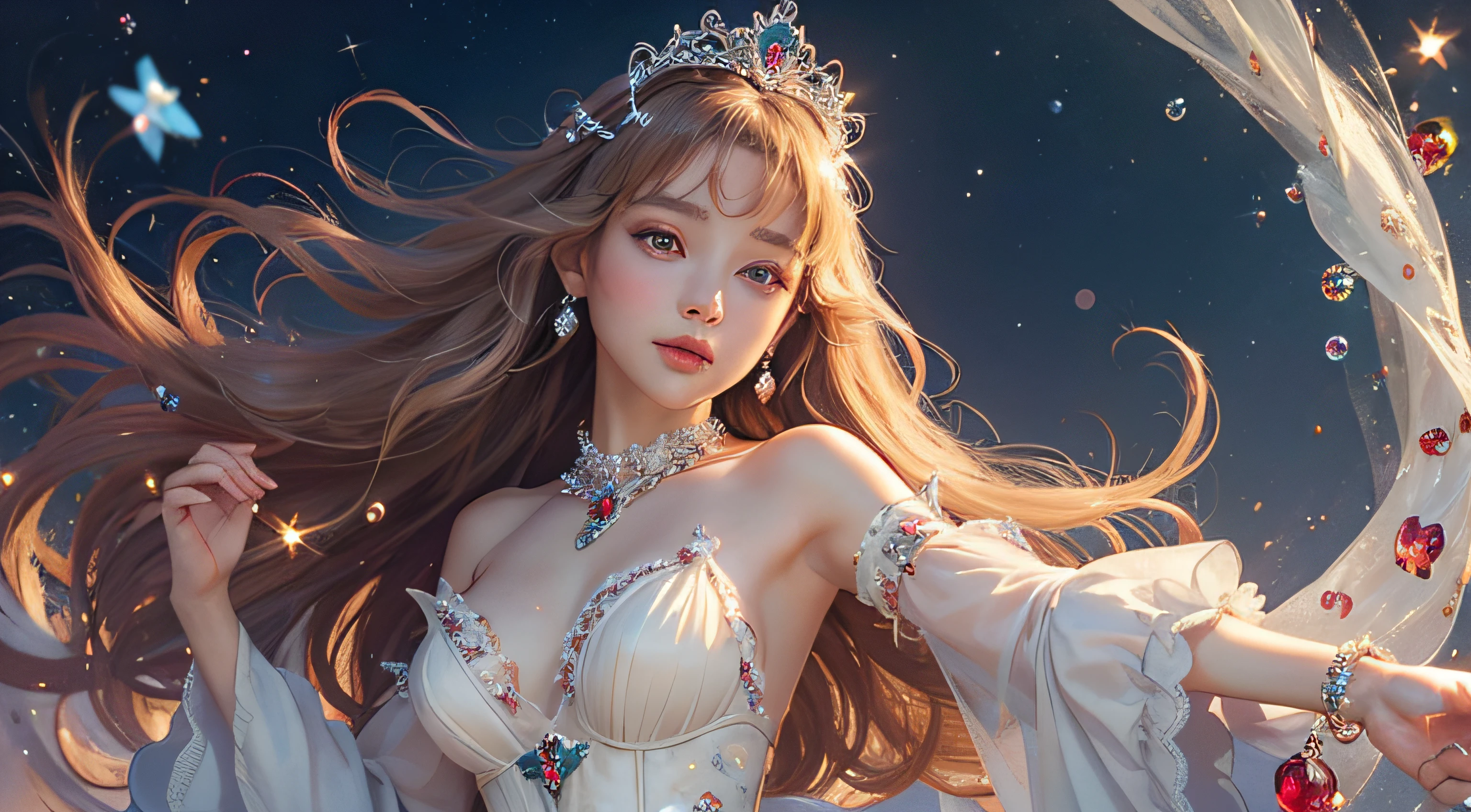 (top-quality、hight resolution、masterpiece)、(Photorealsitic)、(David Hamilton Style)、(softfocus)、Cinema Angle、ciinematic light、softlight、raytrace、(Land of Gems)、(Adorable Gem Princess、age19、Medium chest、)、(The majesty of the princess)、(Affectionate gaze)、(Detailed Vintage Portraits)、 Perfect face、Beautiful hairstyles、(ruby tiara)、 Detailed eyes, (Anatomically accurate hands and fingers)、Gorgeous Gem Outfits, (Christmas costume with delicate red and white design)、Crystal Brilliance、Luminous Gemstone Colorful Gem Shine Airy Tail、 Alice in Wonderland、jugendstil、colorful flower、The brilliance of the gemstone fills the space like a star、Background of sparkling water droplets dancing in the air、Unrealistic background、blured background、