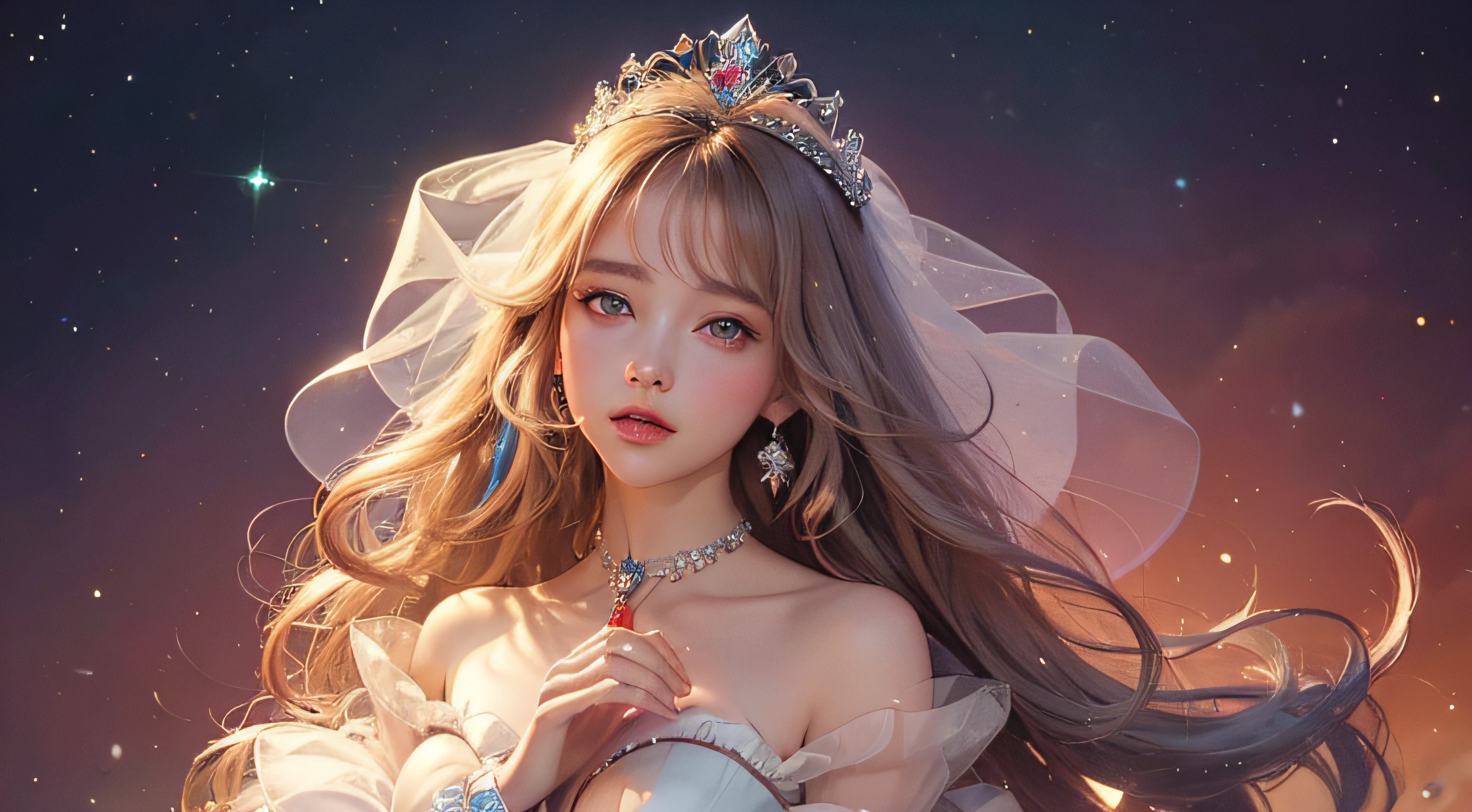 (top-quality、hight resolution、masterpiece)、(Photorealsitic)、(David Hamilton Style)、(softfocus)、Cinema Angle、ciinematic light、softlight、raytrace、(Land of Gems)、(Adorable Gem Princess、age19、Medium chest、)、(The majesty of the princess)、(Affectionate gaze)、(Detailed Vintage Portraits)、 Perfect face、Beautiful hairstyles、(ruby tiara)、 Detailed eyes, (Anatomically accurate hands and fingers)、Gorgeous Gem Outfits, (Christmas costume with delicate red and white design)、Crystal Brilliance、Luminous Gemstone Colorful Gem Shine Airy Tail、 Alice in Wonderland、jugendstil、colorful flower、The brilliance of the gemstone fills the space like a star、Background of sparkling water droplets dancing in the air、Unrealistic background、blured background、